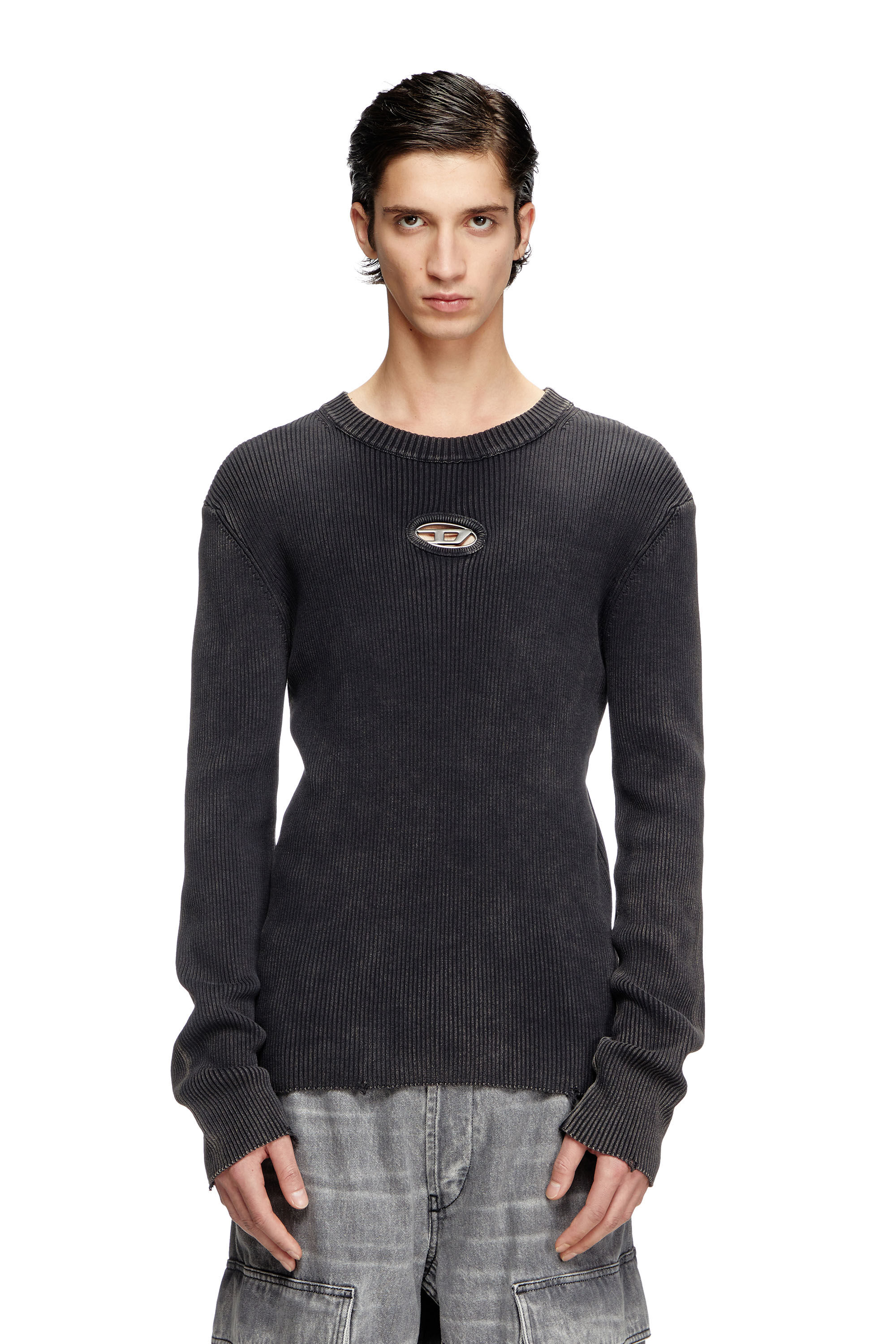 Diesel - K-DARIN-D, Male's Distressed jumper with cut-out logo in ブラック - 3