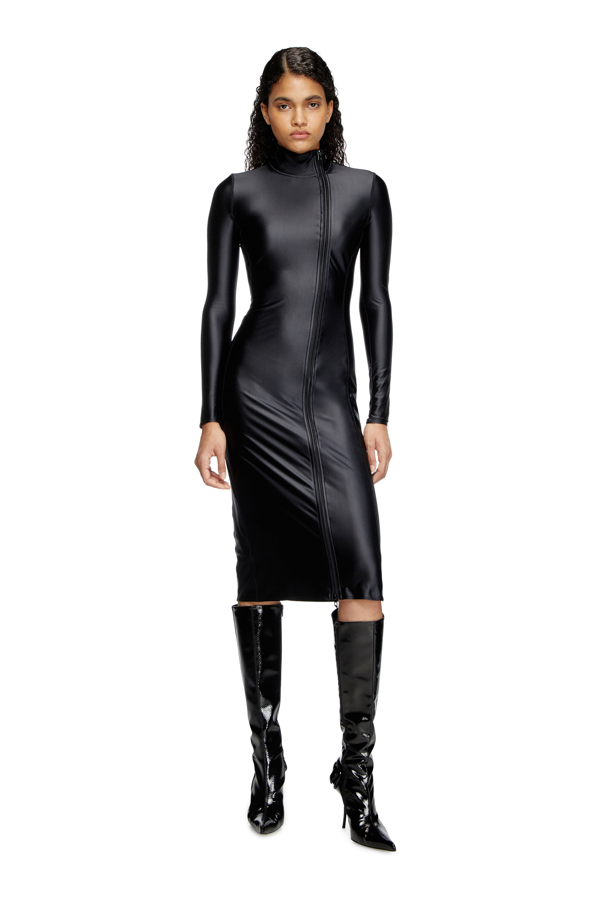 Diesel - D-SILVER, Female's Mock collar long-sleeve midi dress with chintz finish in ブラック - 3