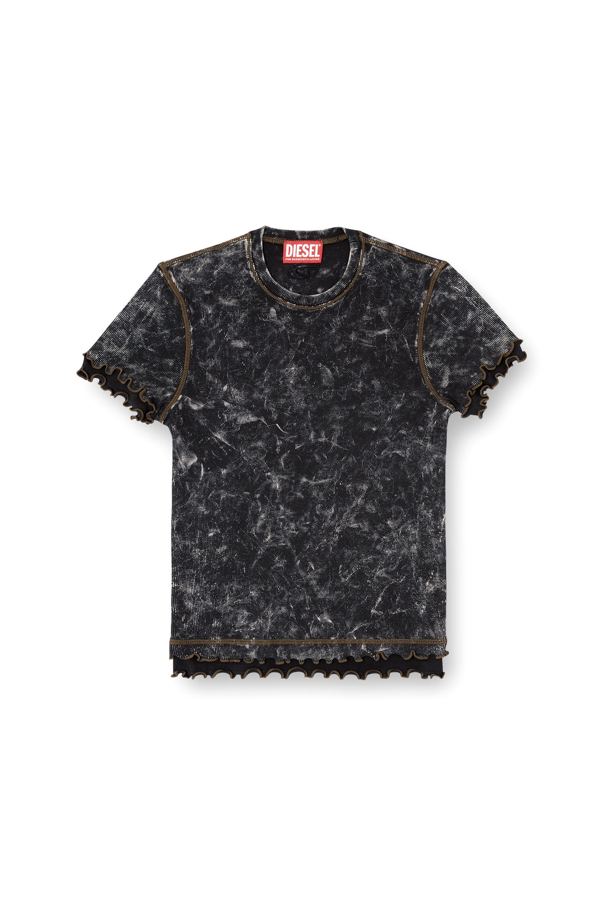 Diesel - T-FLU, Female's Marbled T-shirt with ruffled trims in ブラック - 2