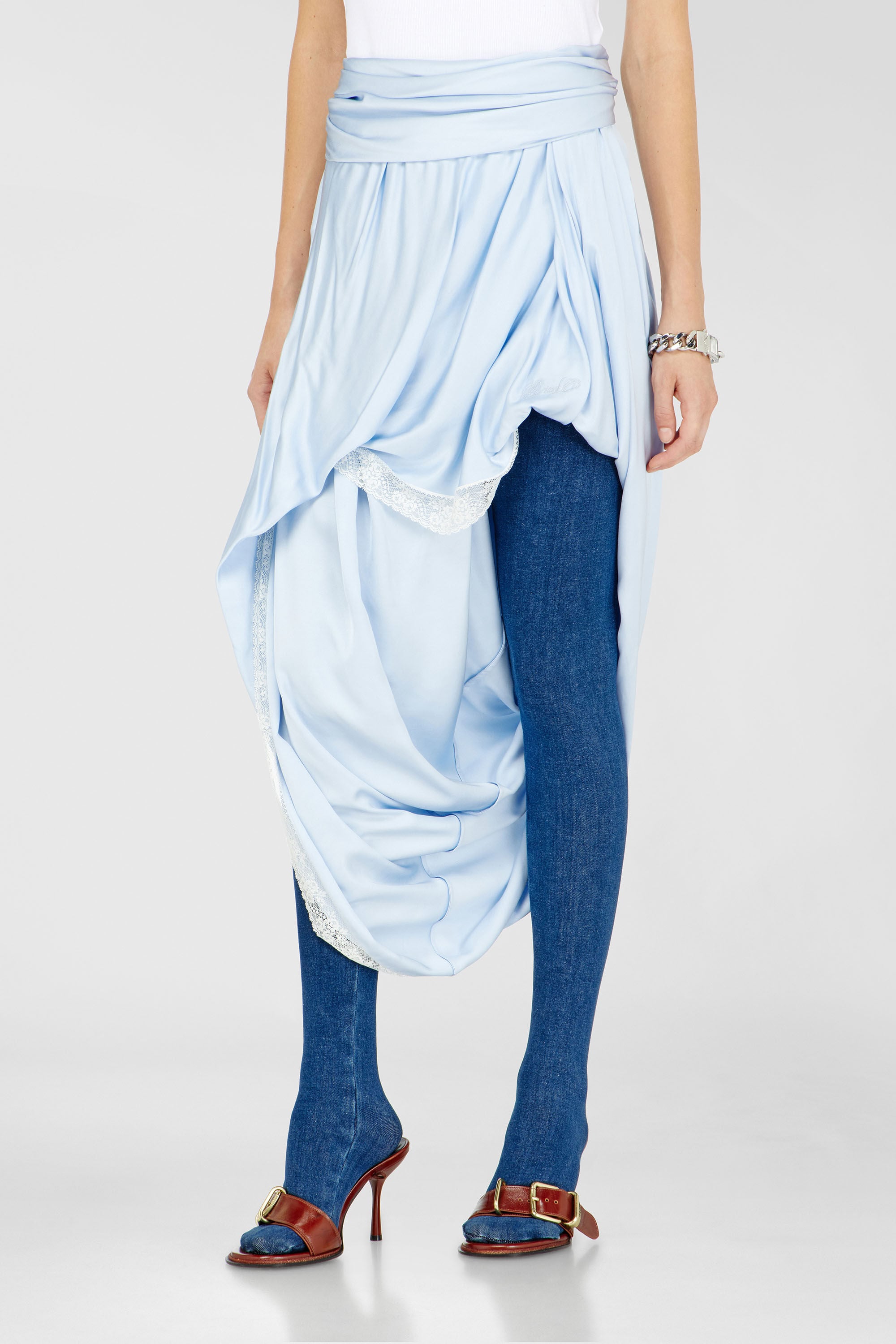 Diesel - O-WANDA, Female's Draped satin midi skirt with lace trim in ライトブルー - 3