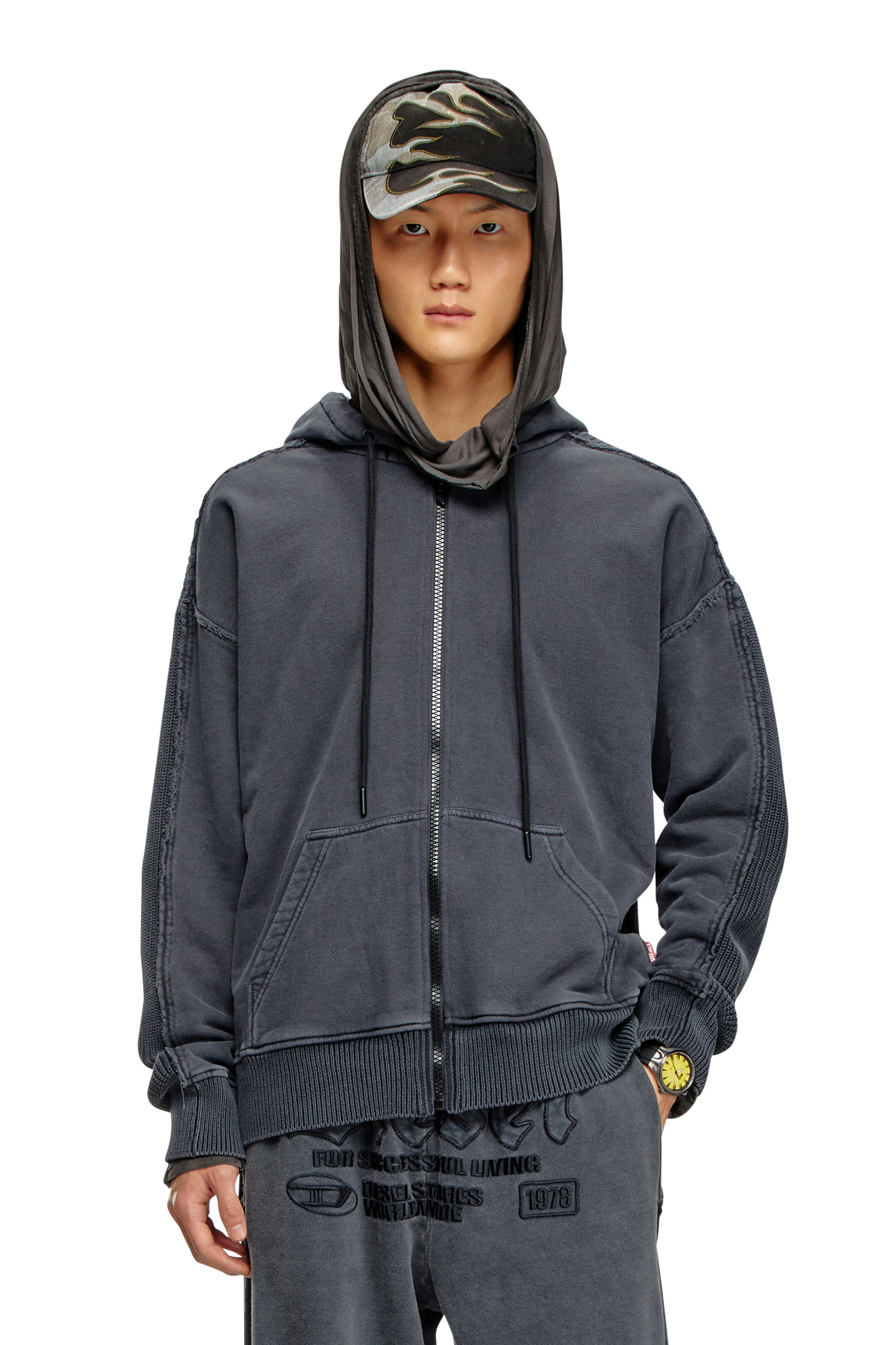 Diesel - K-OBERTO, Male's Hybrid jersey and knit hoodie in ダークグレー - 3
