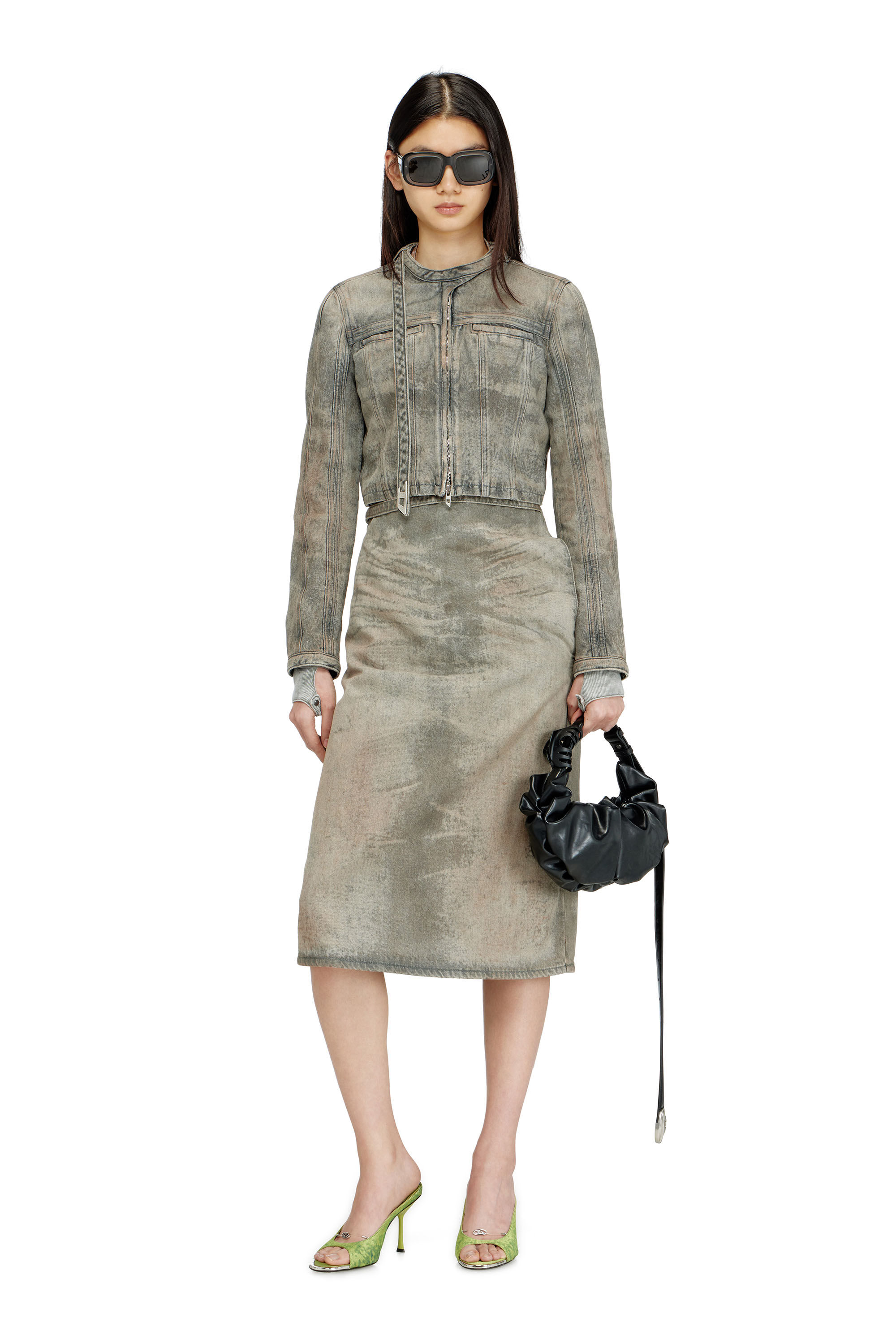 【DIESEL】De-Mirtow-Fse スカート DE-MORIKA-FSI Midi skirt in cotton-hemp satin denim｜グレー