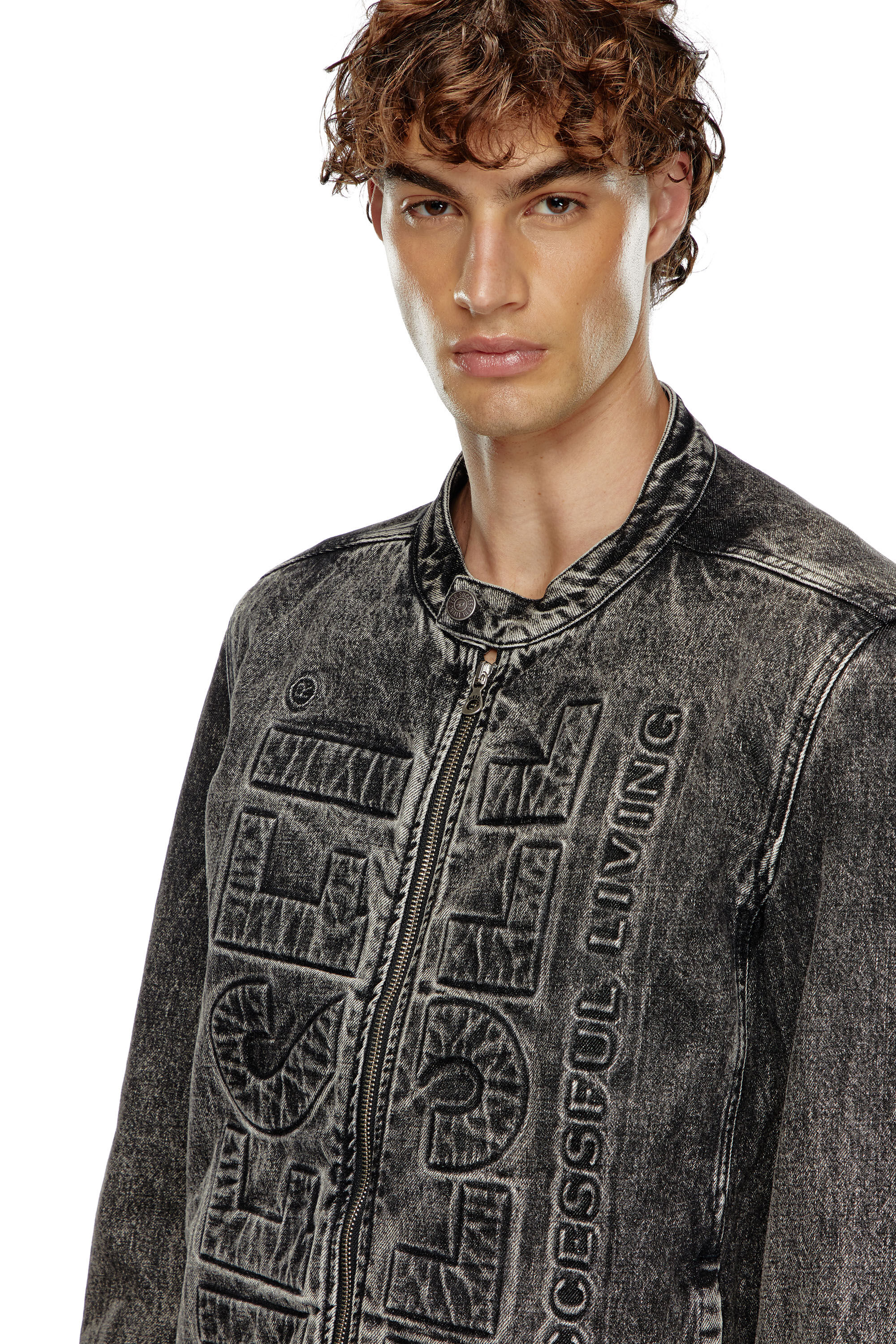 Diesel - D-GLORY-S1, Male's Denim moto jacket with embossed logo in ブラック - 4