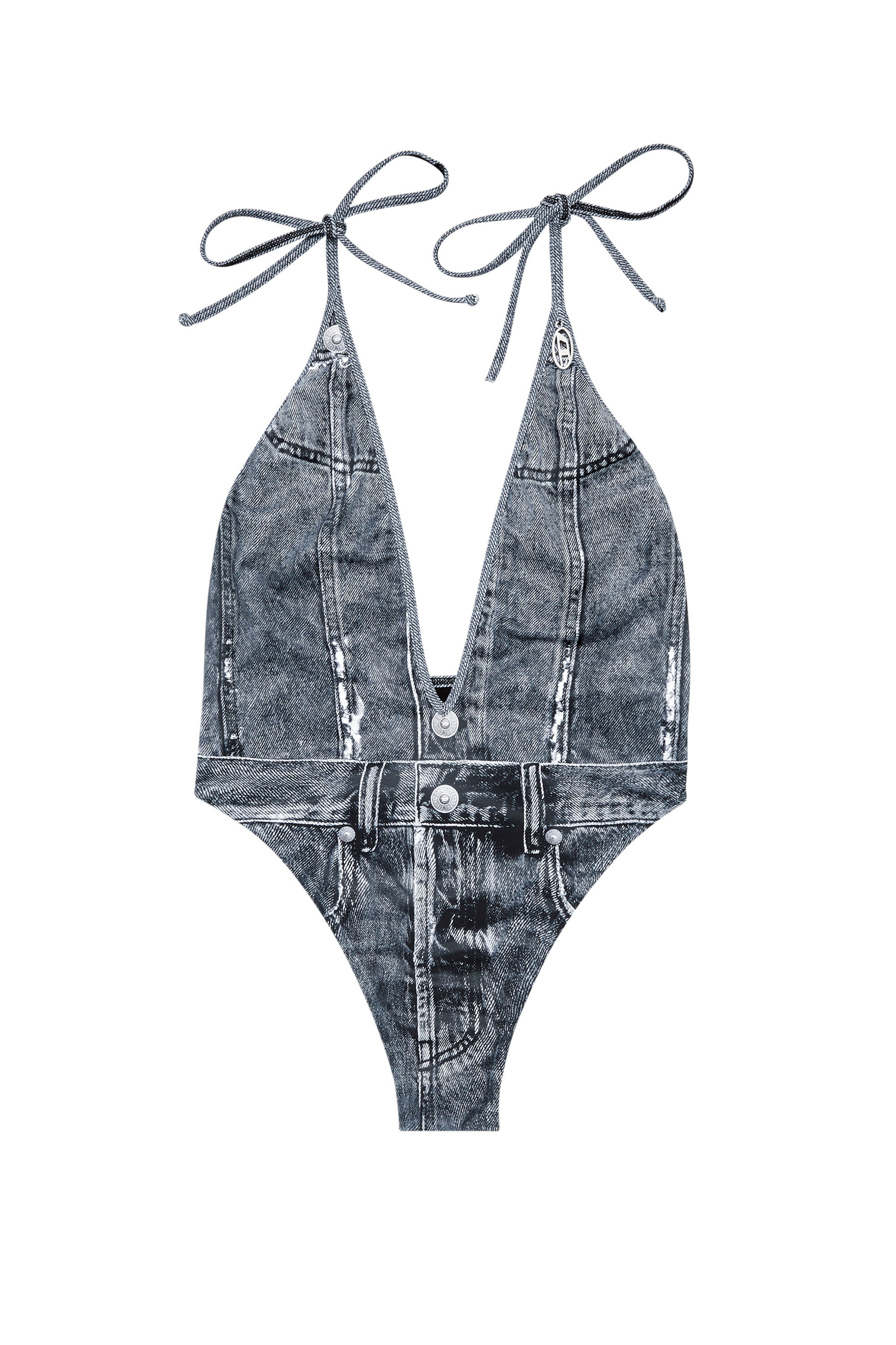 Diesel - KINSLEY-DNM, Female's Plunging swimsuit with denim trompe l'oeil in ブルー - 6