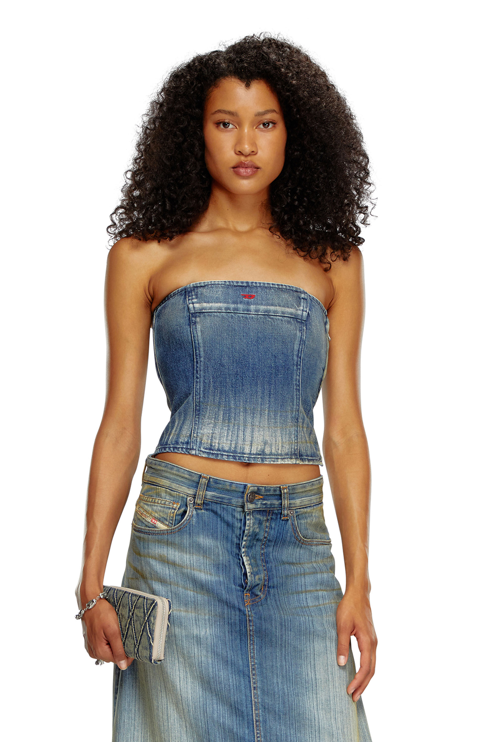Diesel - DE-VILLE, Female's Tube top in dirt-wash denim in ミディアムブルー - 3