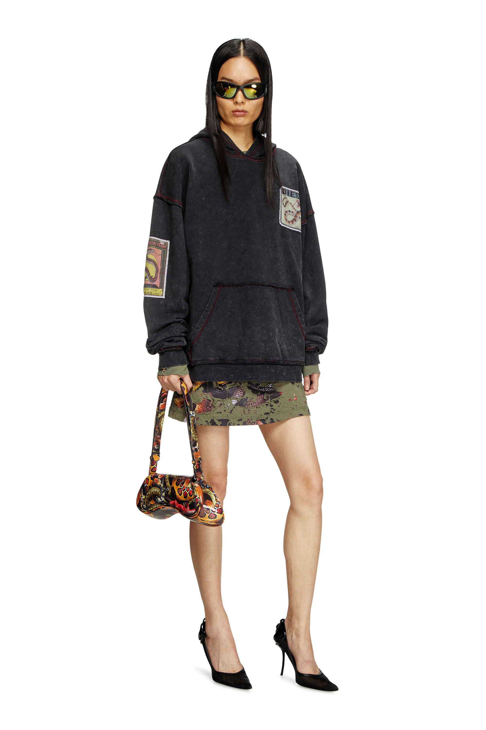 Diesel - CL-S-BOXT-HOOD-SNAKE, Unisex's Treated hoodie with snake patches in ブラック - 6