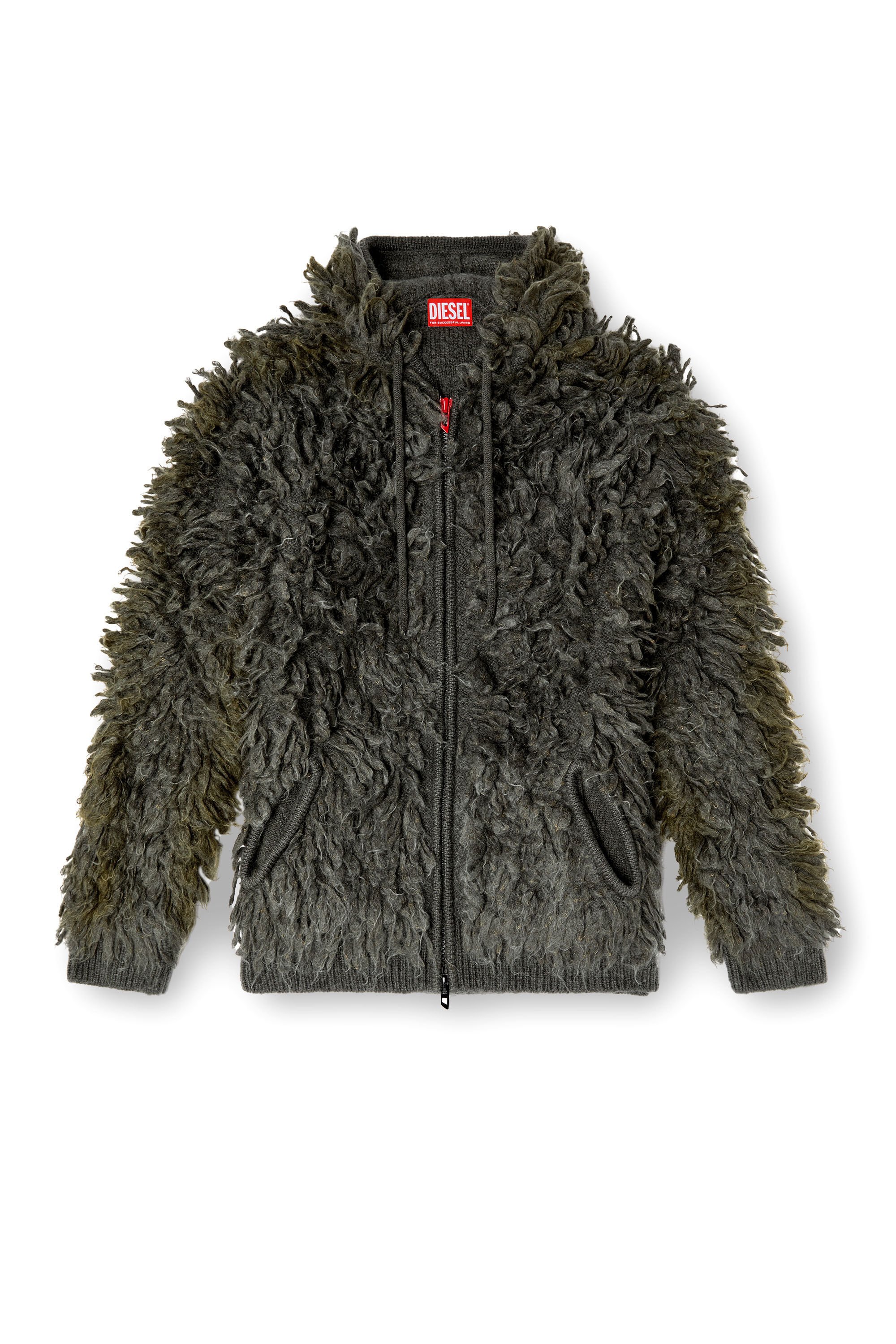 Diesel - K-WHITMAN, Male's Hooded cardigan in shaggy knit in ダークグレー - 2