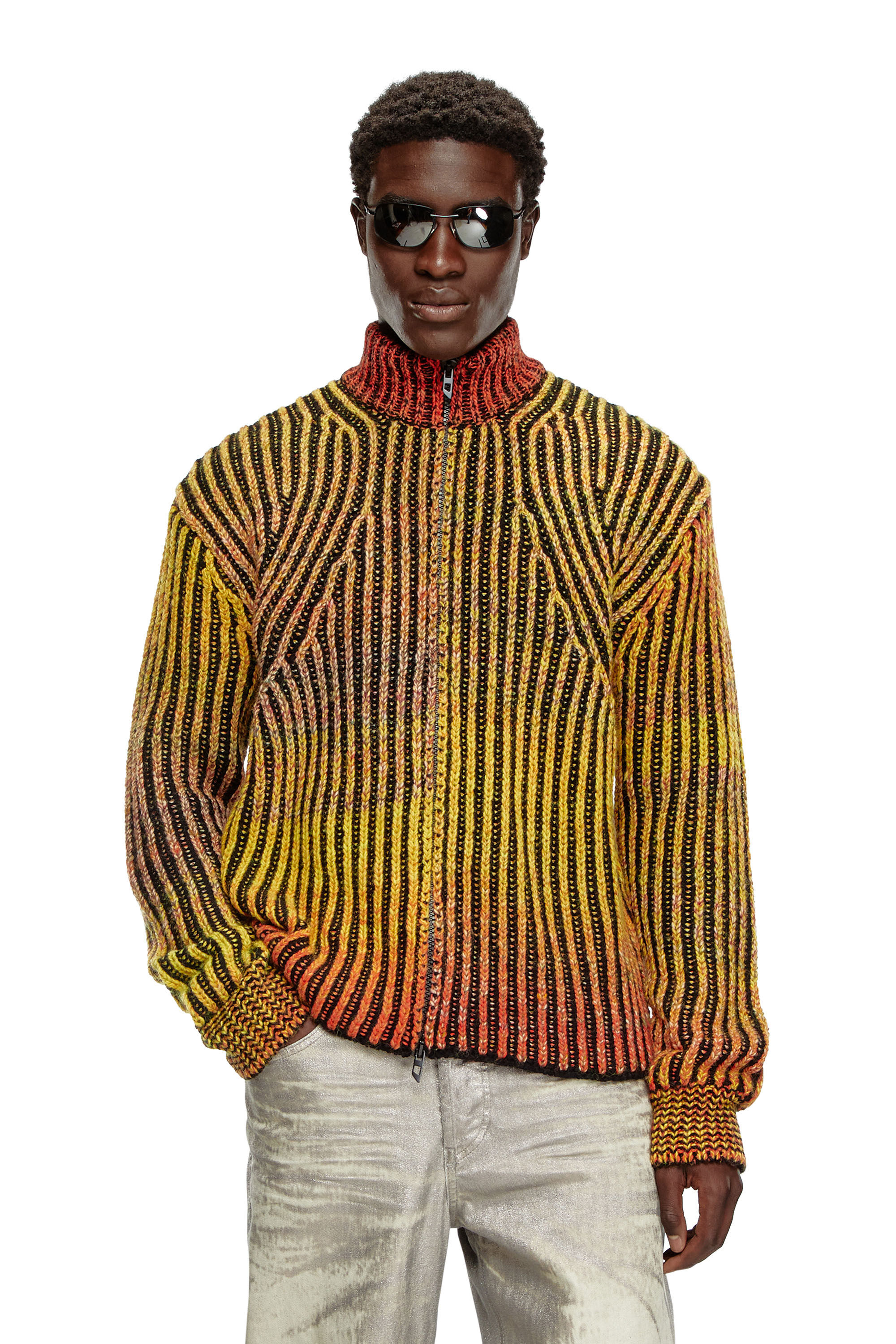 Diesel - K-OAKLAND-ZIP, Male's Striped ribbed zip-up cardigan in オレンジ - 3
