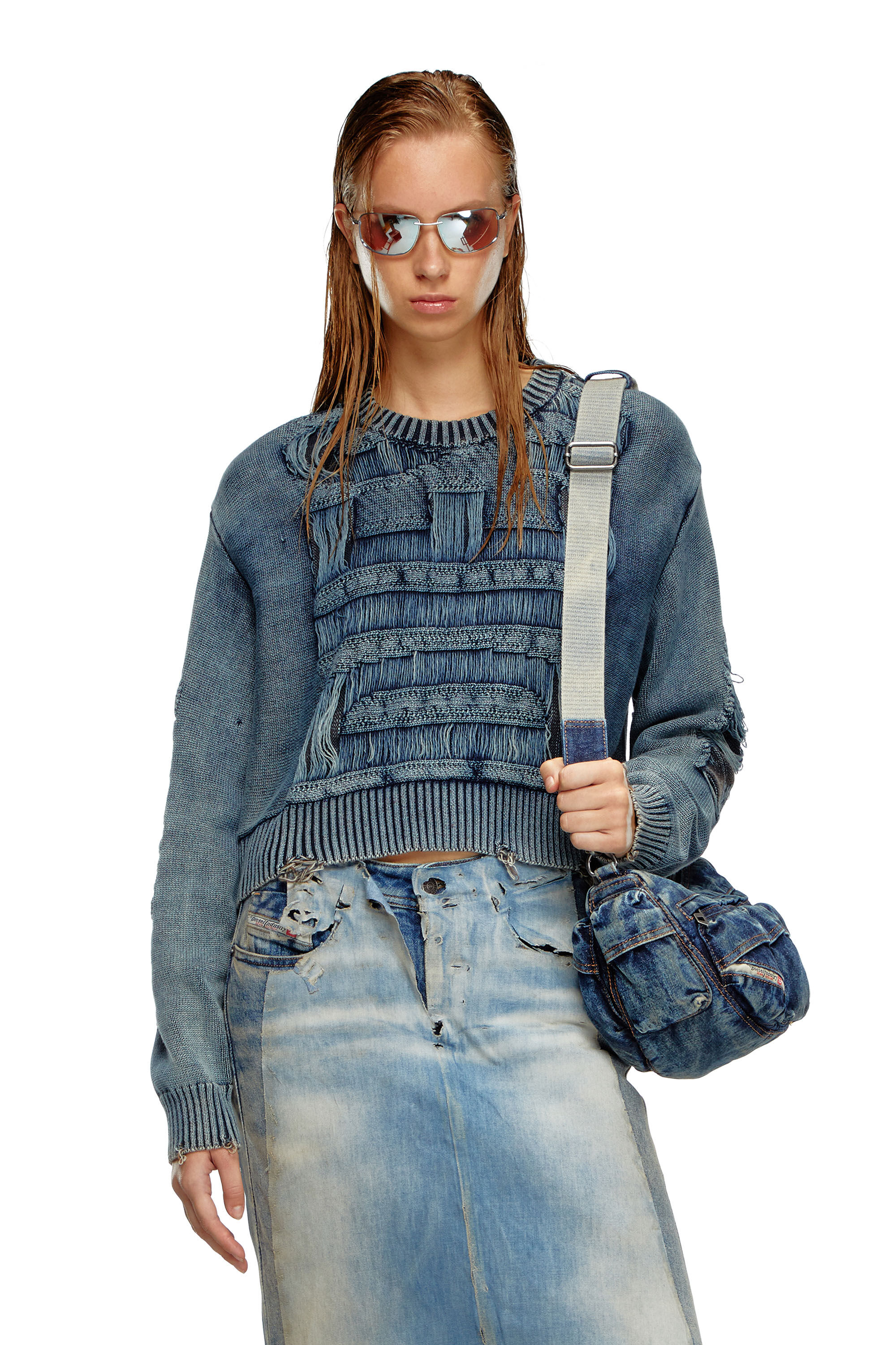 M-ROTTA Destroyed jumper with floating yarn logo｜ブルー 