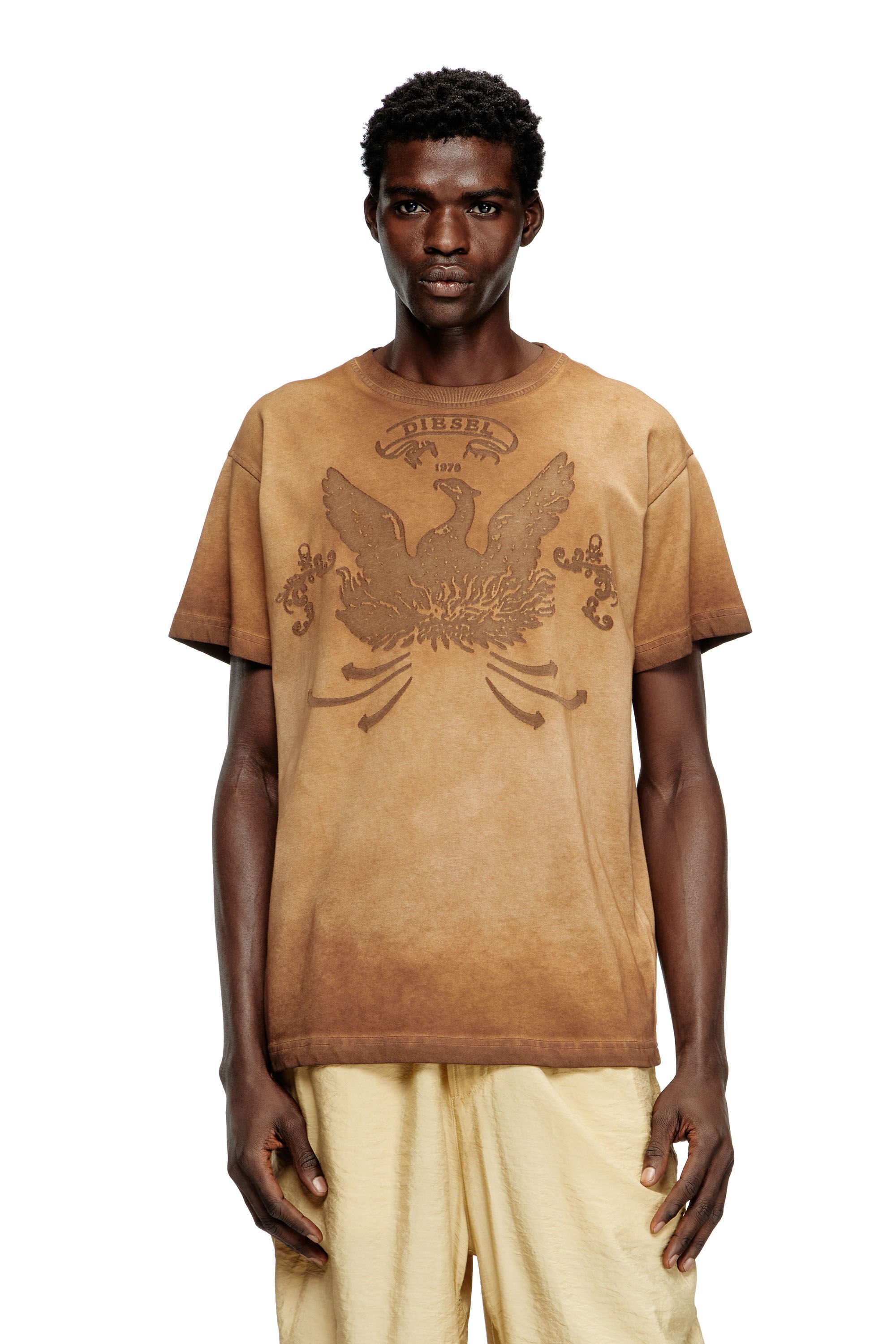 Diesel - T-NORM-T9, Male's T-shirt with phoenix devoré in ブラウン - 3