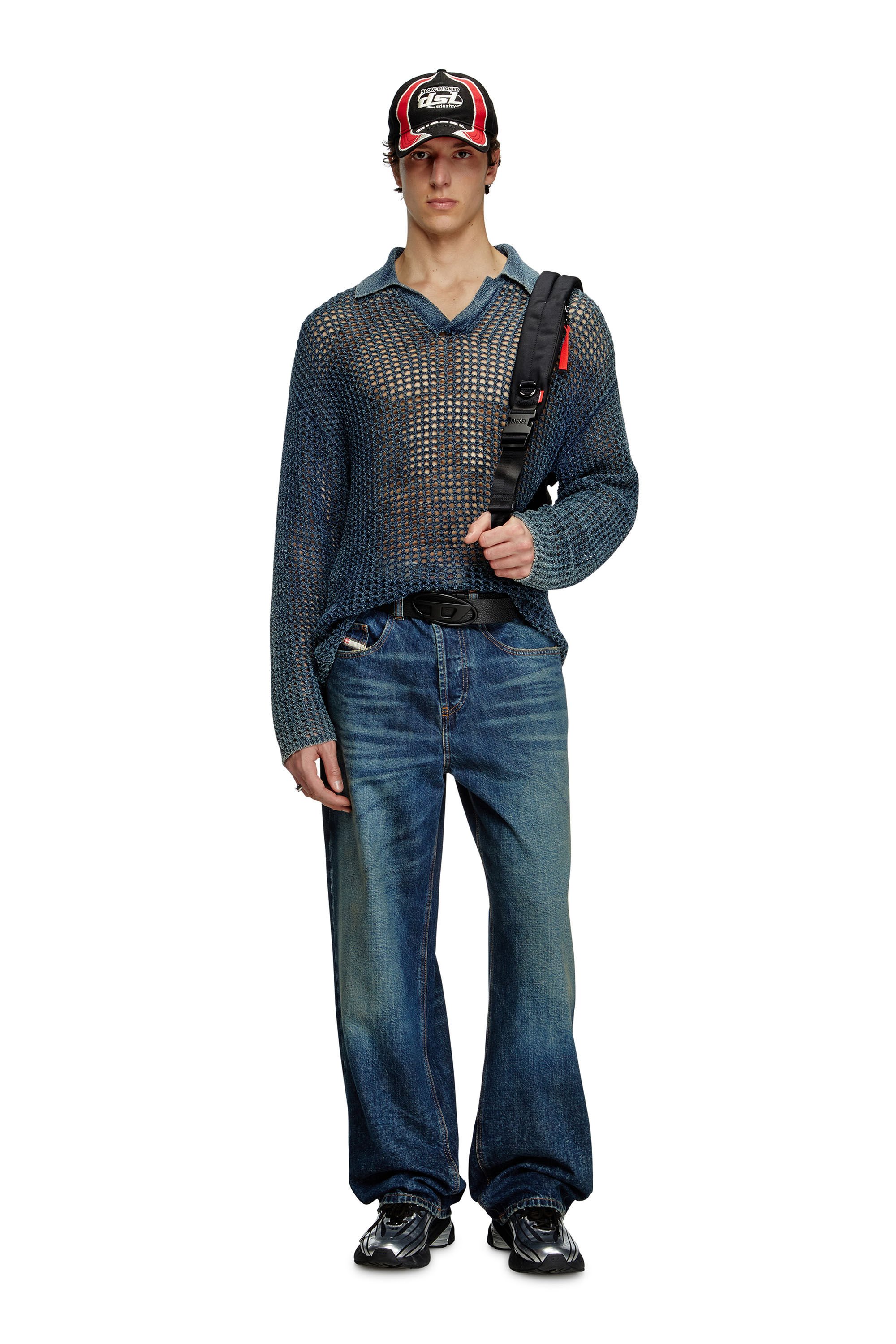 Diesel - K-SQUARED, Male's Open-knit polo jumper in denim yarn in ブルー - 1