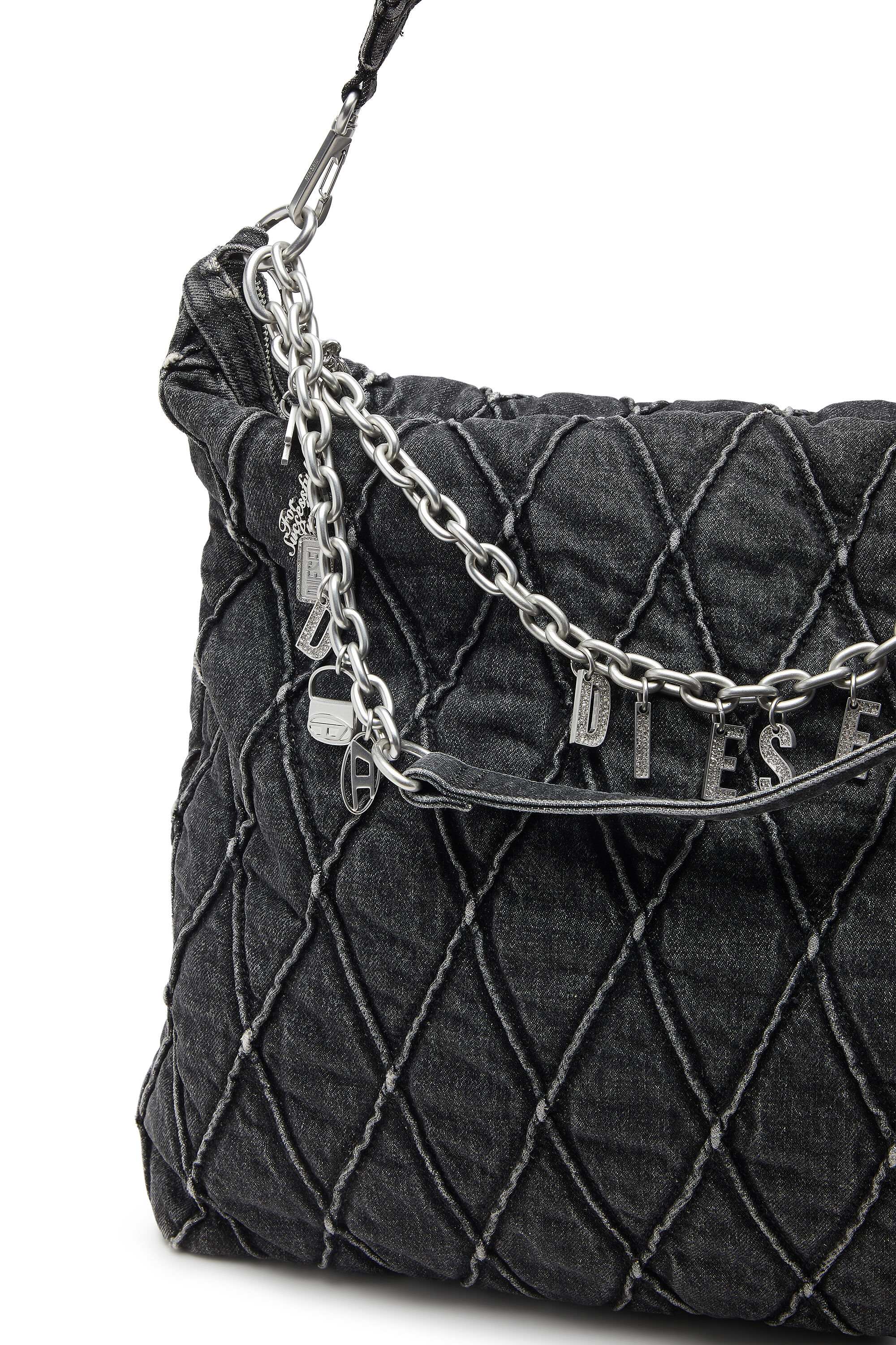 Diesel - HOSHI CHARM-D HOBO, Female's Quilted-denim hobo bag with chain charms in ブラック - 5