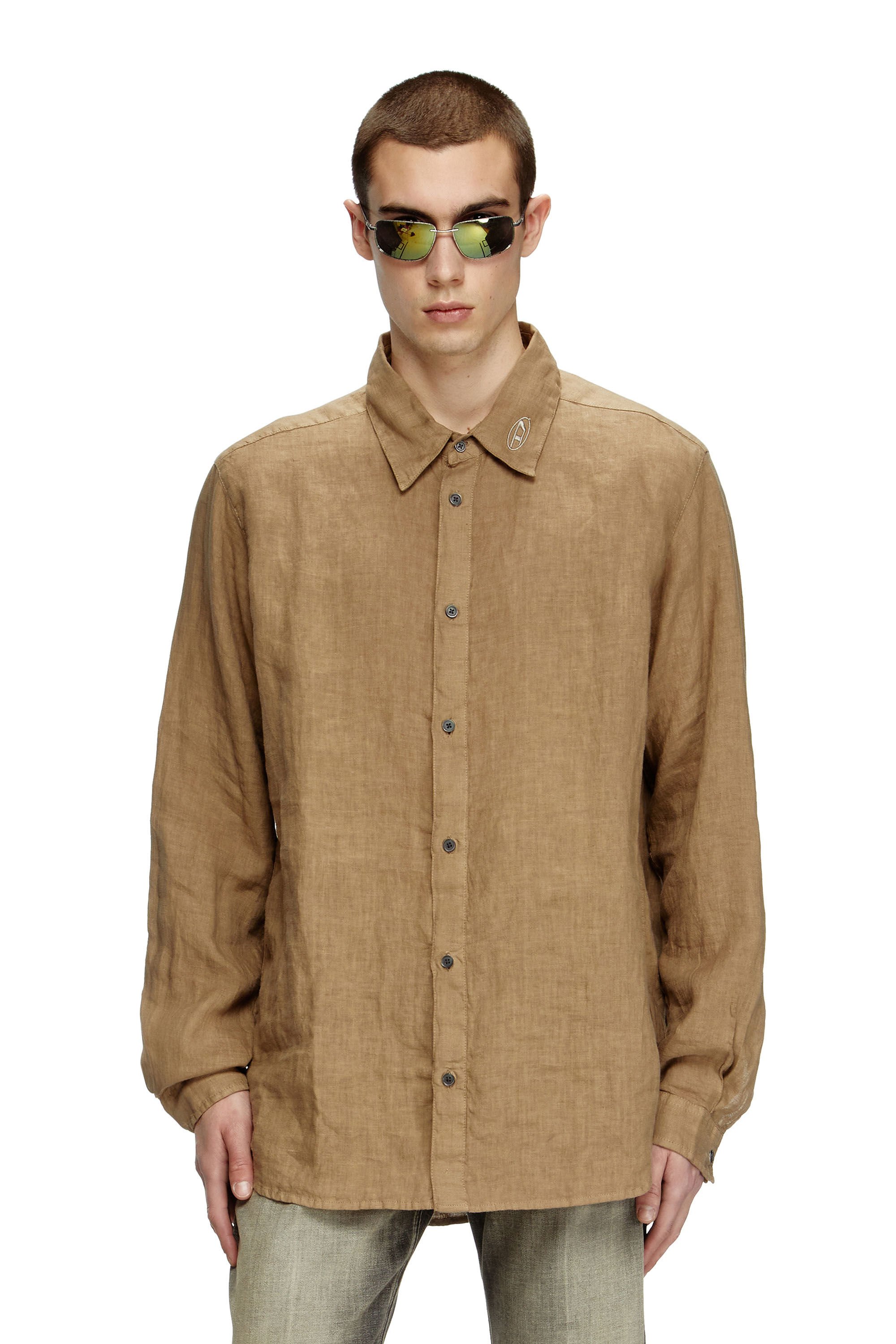 Diesel - S-WERP, Male's Linen shirt with logo collar in null - 3