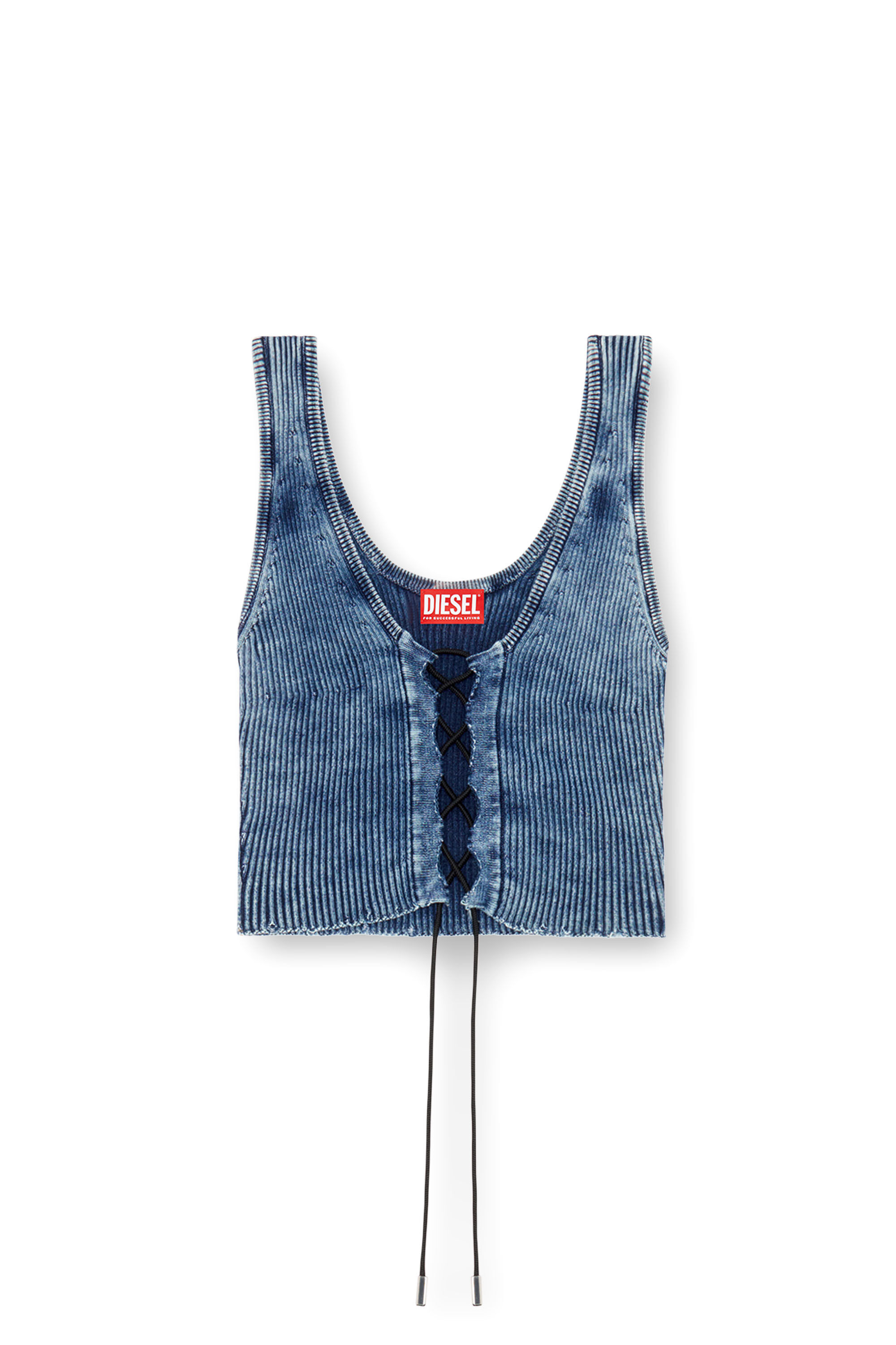 M-ADONE Cropped lace-up tank top in indigo knit｜ブルー 