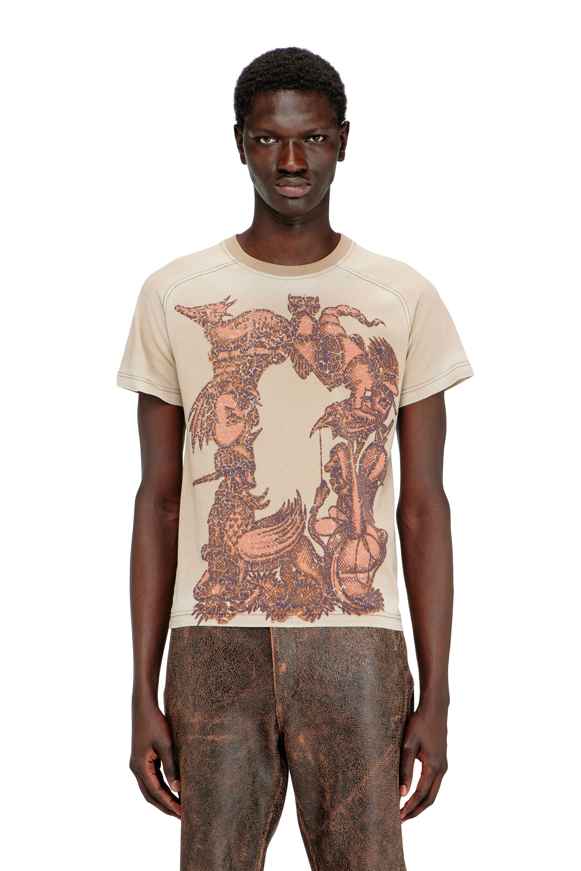 Diesel - T-LOJA, Male's Faded T-shirt with graphic motif in ライトブラウン - 3