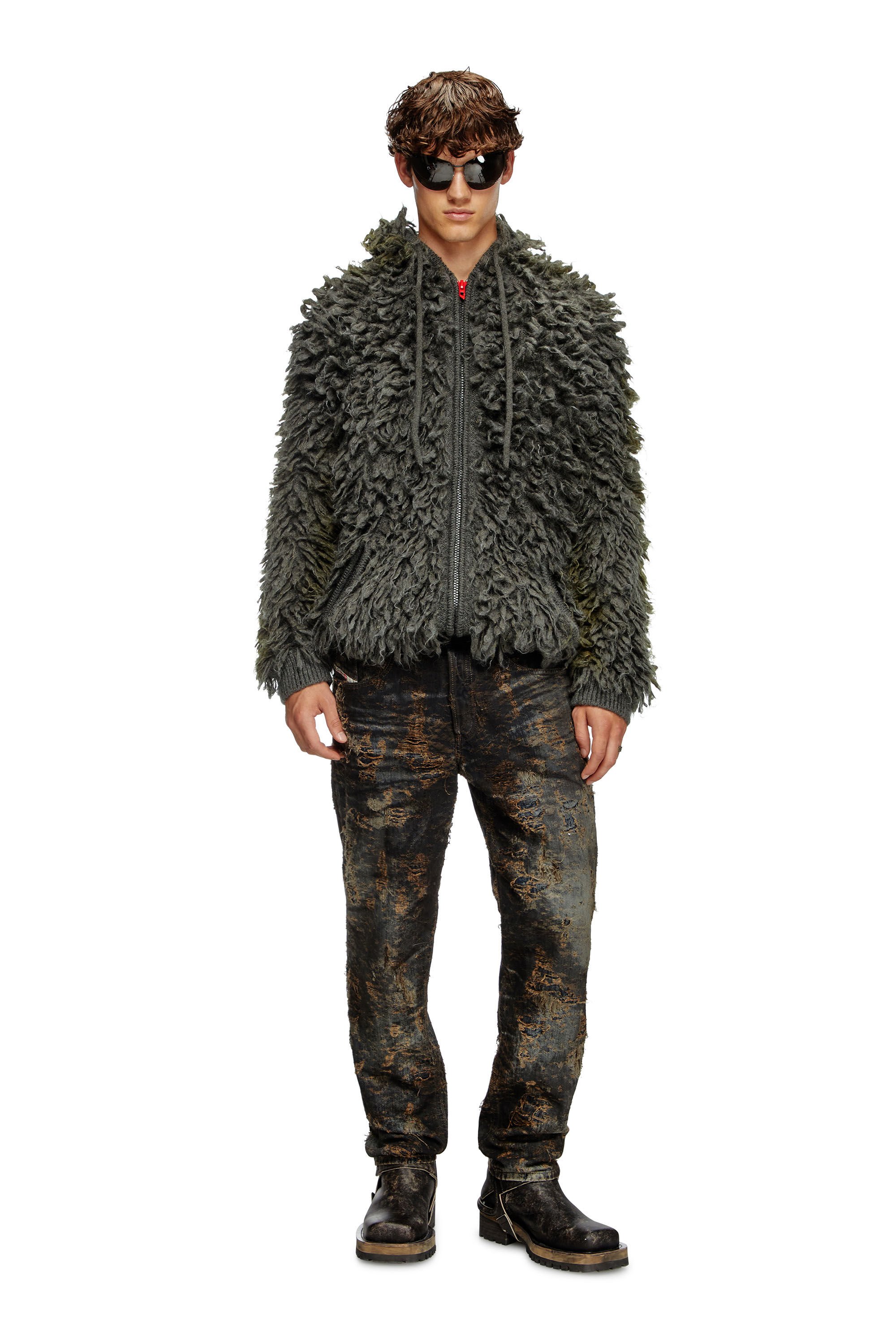 Diesel - K-WHITMAN, Male's Hooded cardigan in shaggy knit in ダークグレー - 1