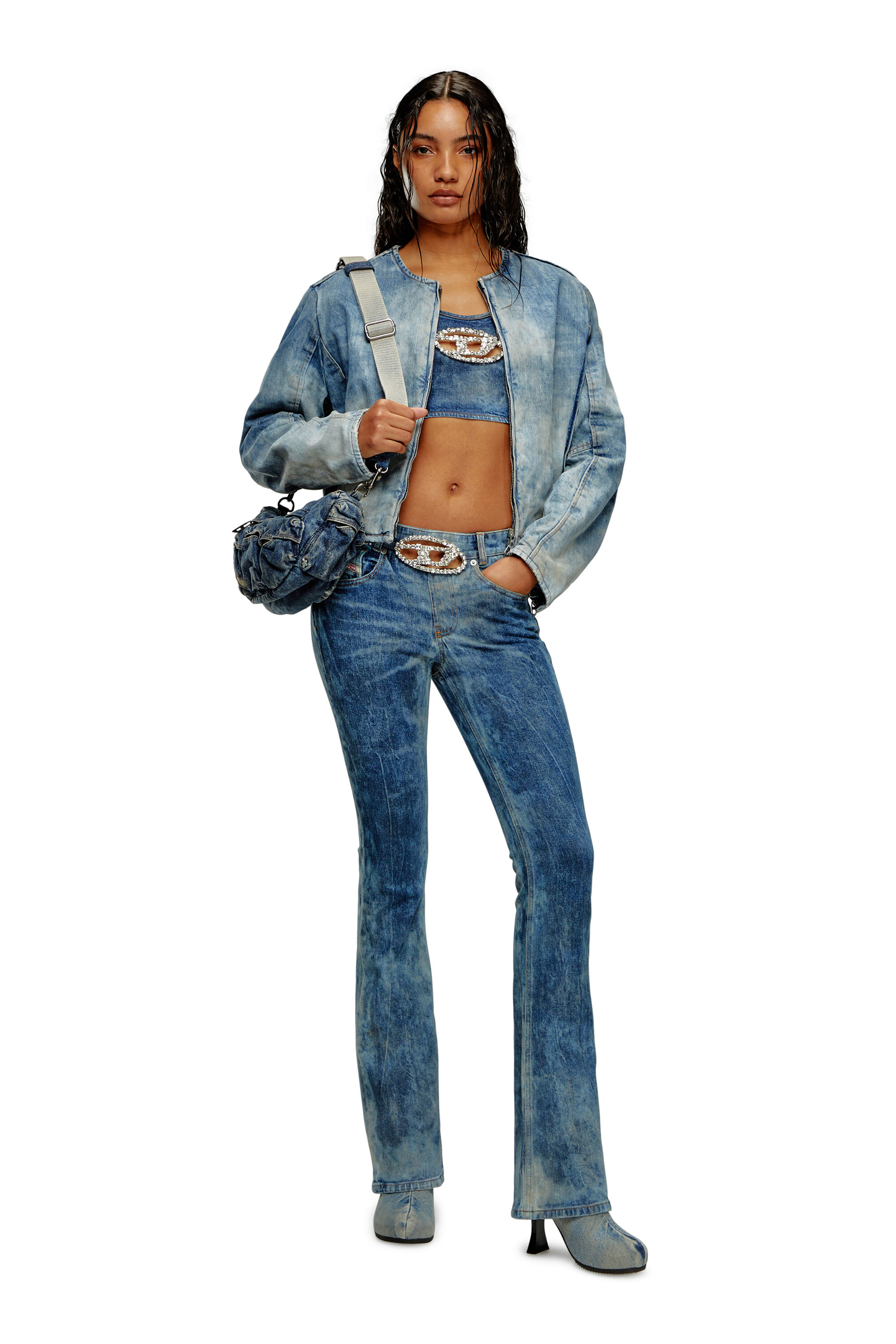 DE-TOP-FSE Cropped denim top with crystal plaque｜ブルー｜ウィメンズ｜DIESEL