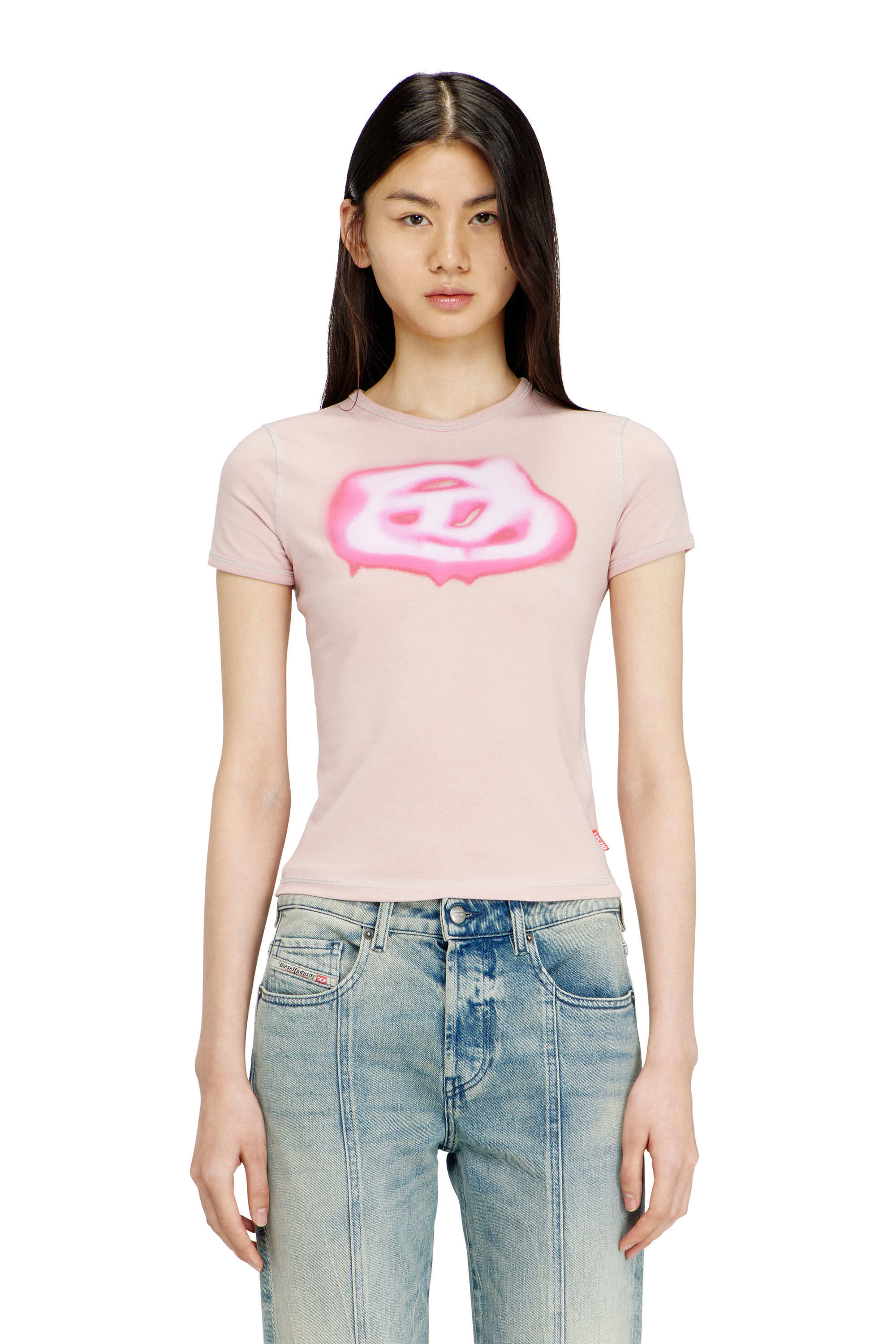 Diesel - T-UNCUTIES-LONG-S3, Female's Slim T-shirt with graffiti-effect logo in ピンク / ホワイト - 3