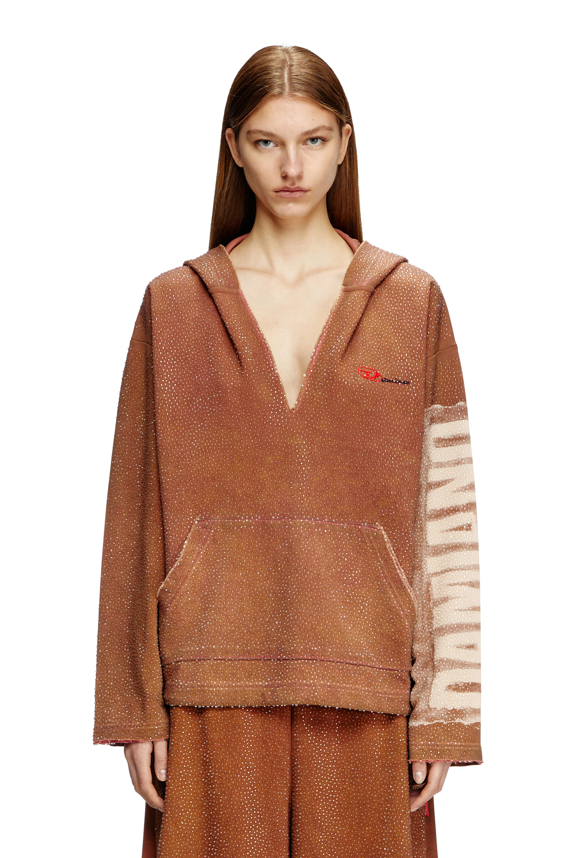 Diesel - S-BOXT-HOOD-LUX-DD, Unisex's Treated V-neck hoodie with crystals in ブラウン - 7