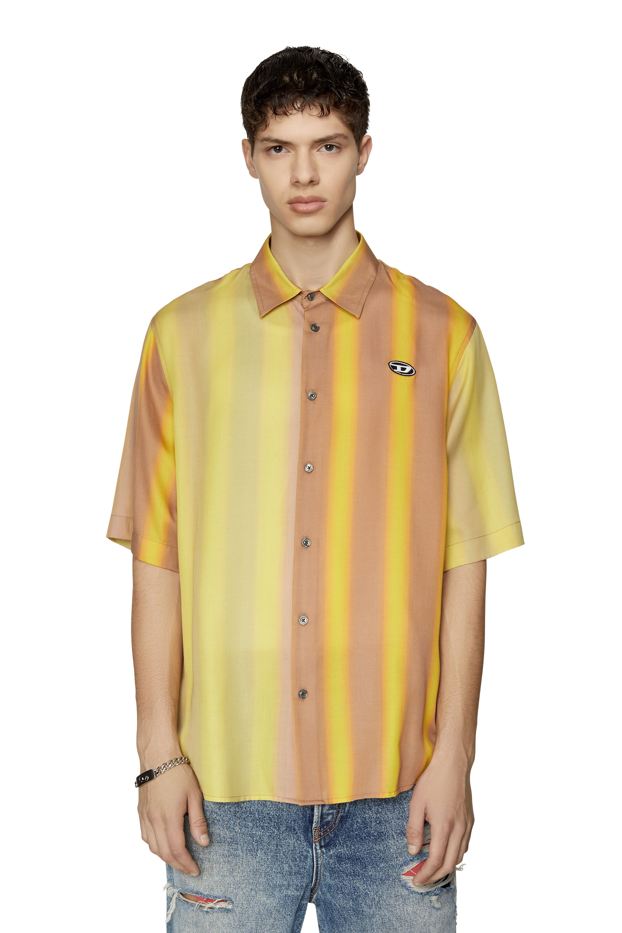 Diesel - S-SING-STRI, Male's 半袖 ストライプ シャツ in Yellow - 3