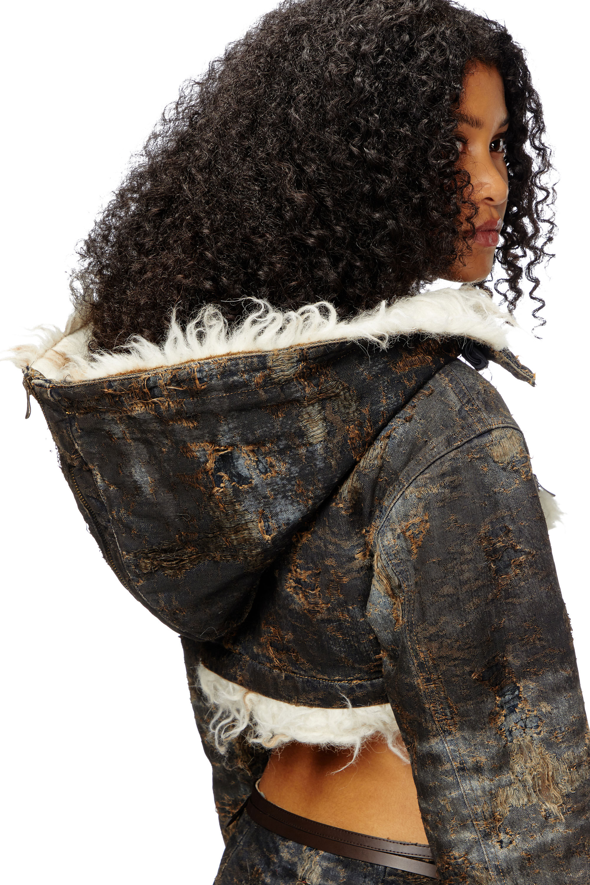 Diesel - DE-FU-FSF1, Female's Cropped jacket in dirty jacquard denim in ブラック/ブラウン - 4