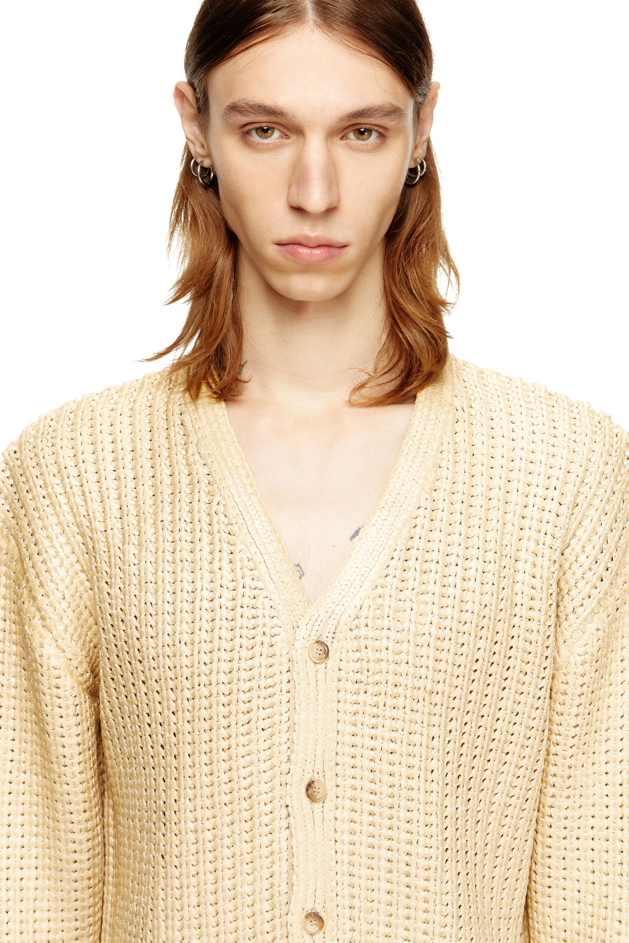 Diesel - K-MICHOR, Male's Ribbed cardigan with shiny effect in ライトブラウン - 4