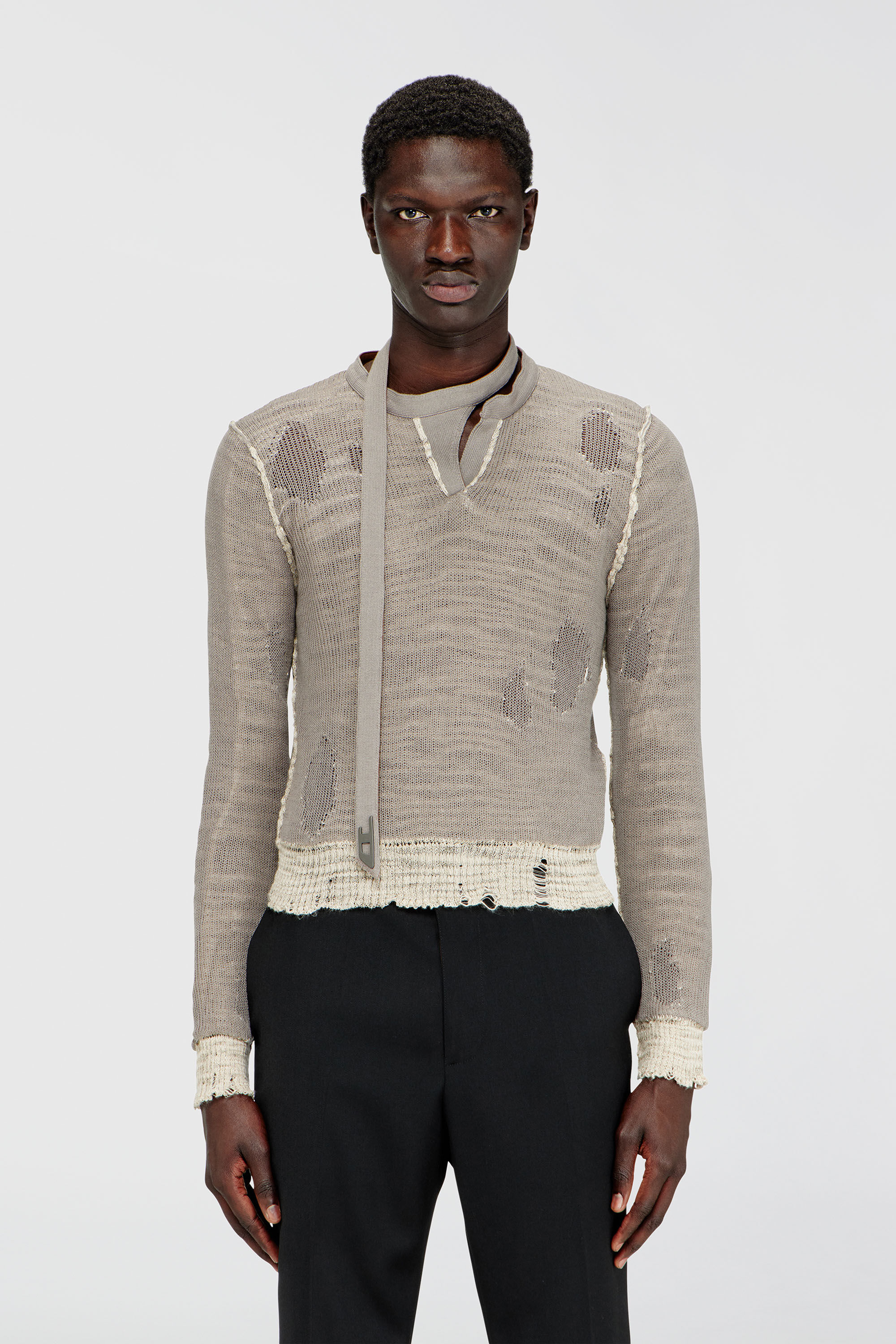 M-DRACARINA Distressed jumper with biker neck strap｜グレー