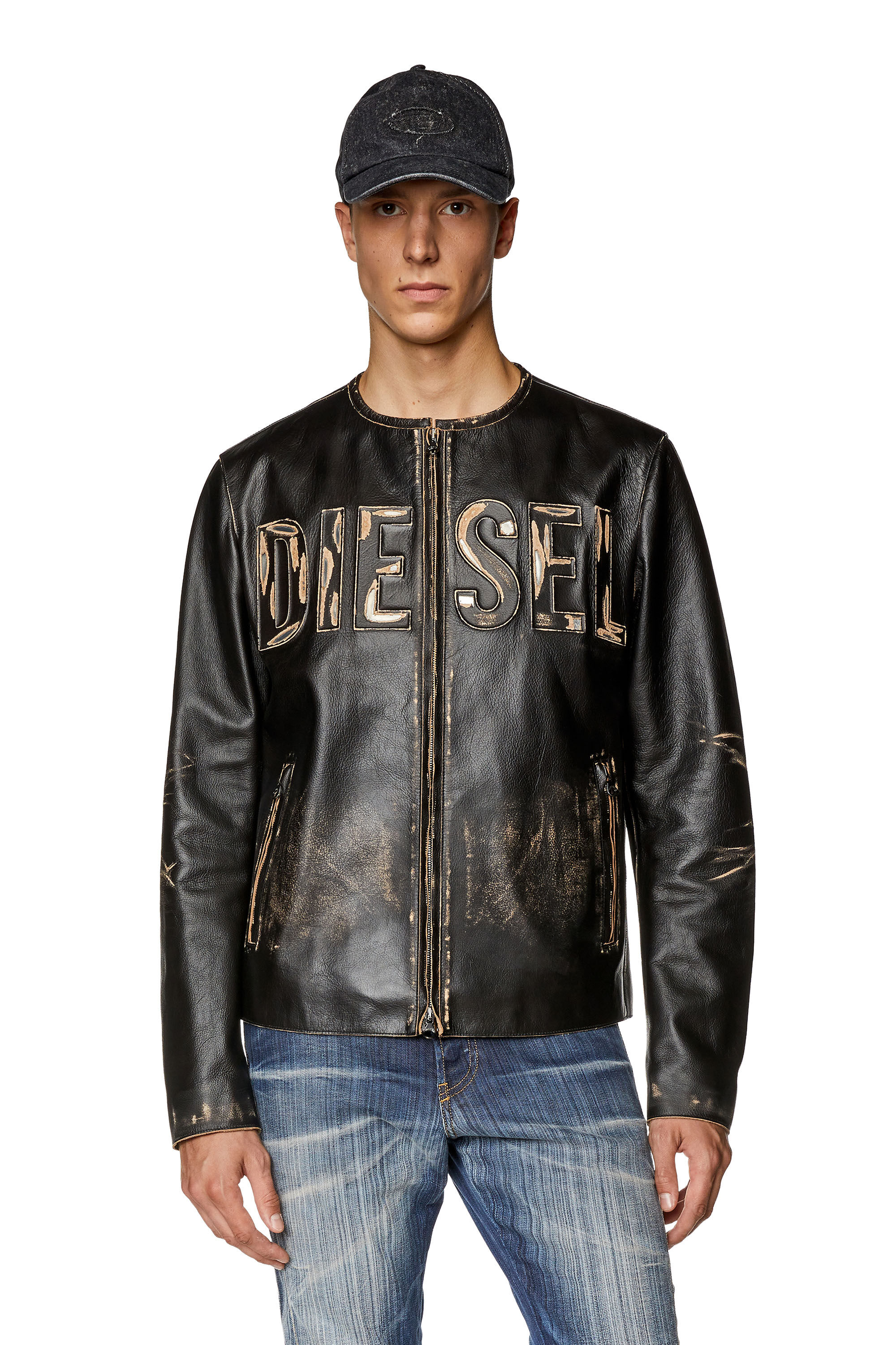 Diesel - L-MET, Male's レザージャケットロゴカウハイドレザー in ブラック - 3