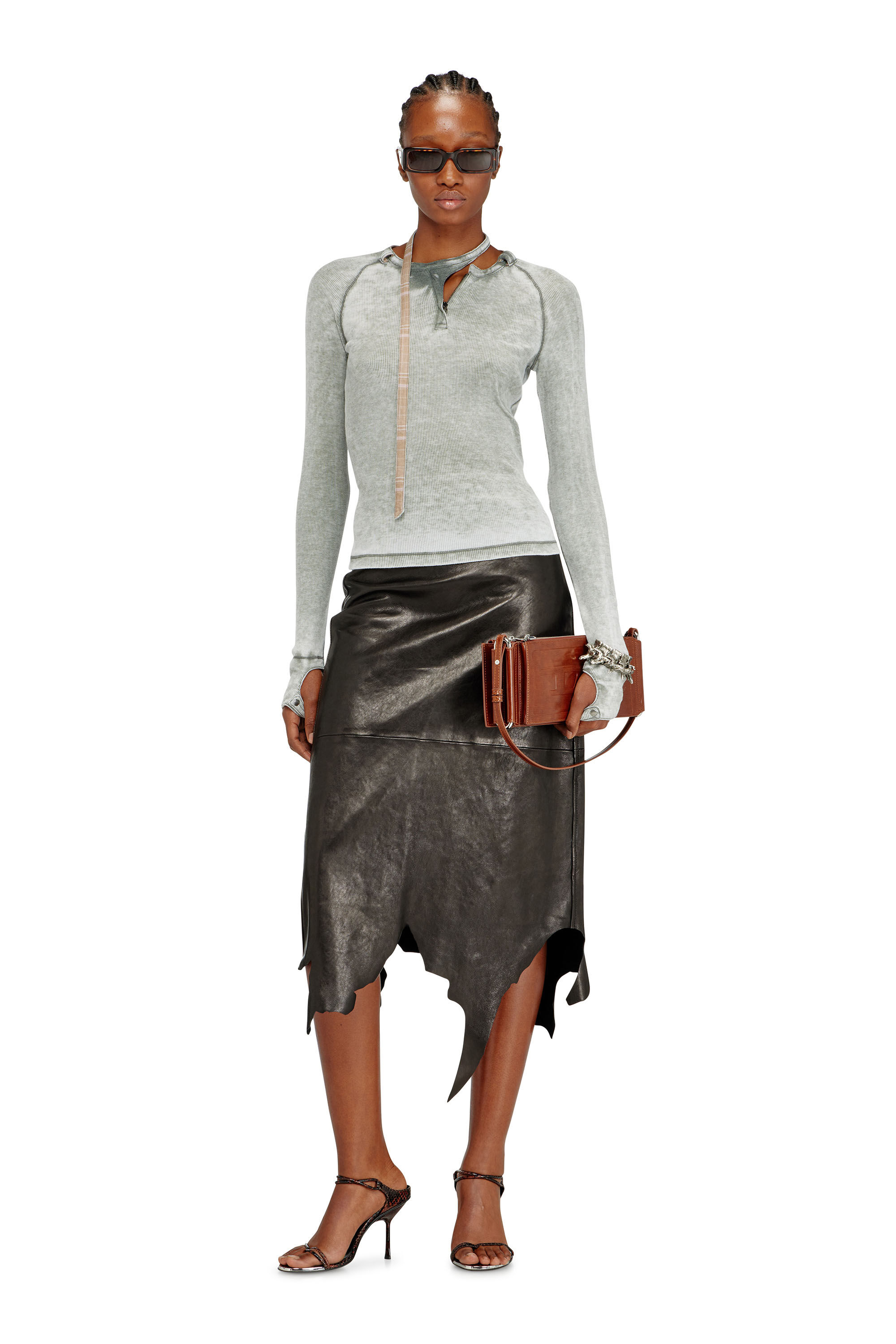 Diesel - L-TORN, Female's Leather midi skirt with jagged hem in ブラック - 1