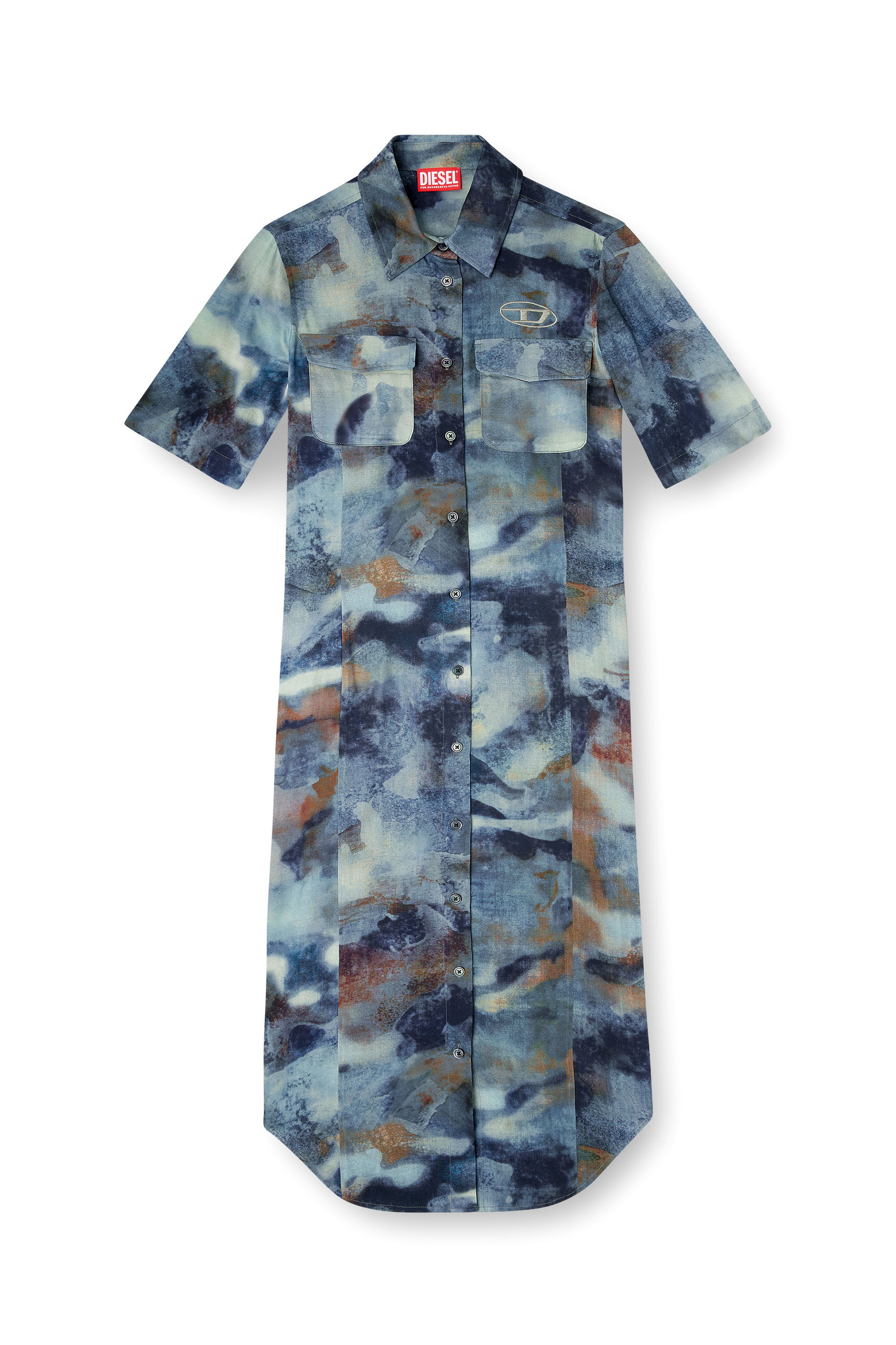 Diesel - D-ANA, Female's Satin shirt-dress with all-over camo print in ブルー - 2