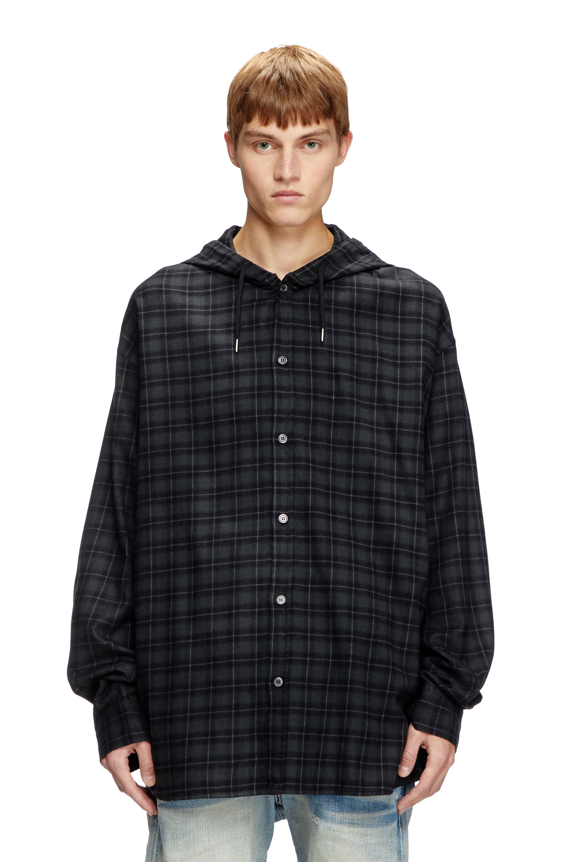 S-DEWNY-HOOD-B Hooded shirt in check flannel｜ブラック｜メンズ｜DIESEL