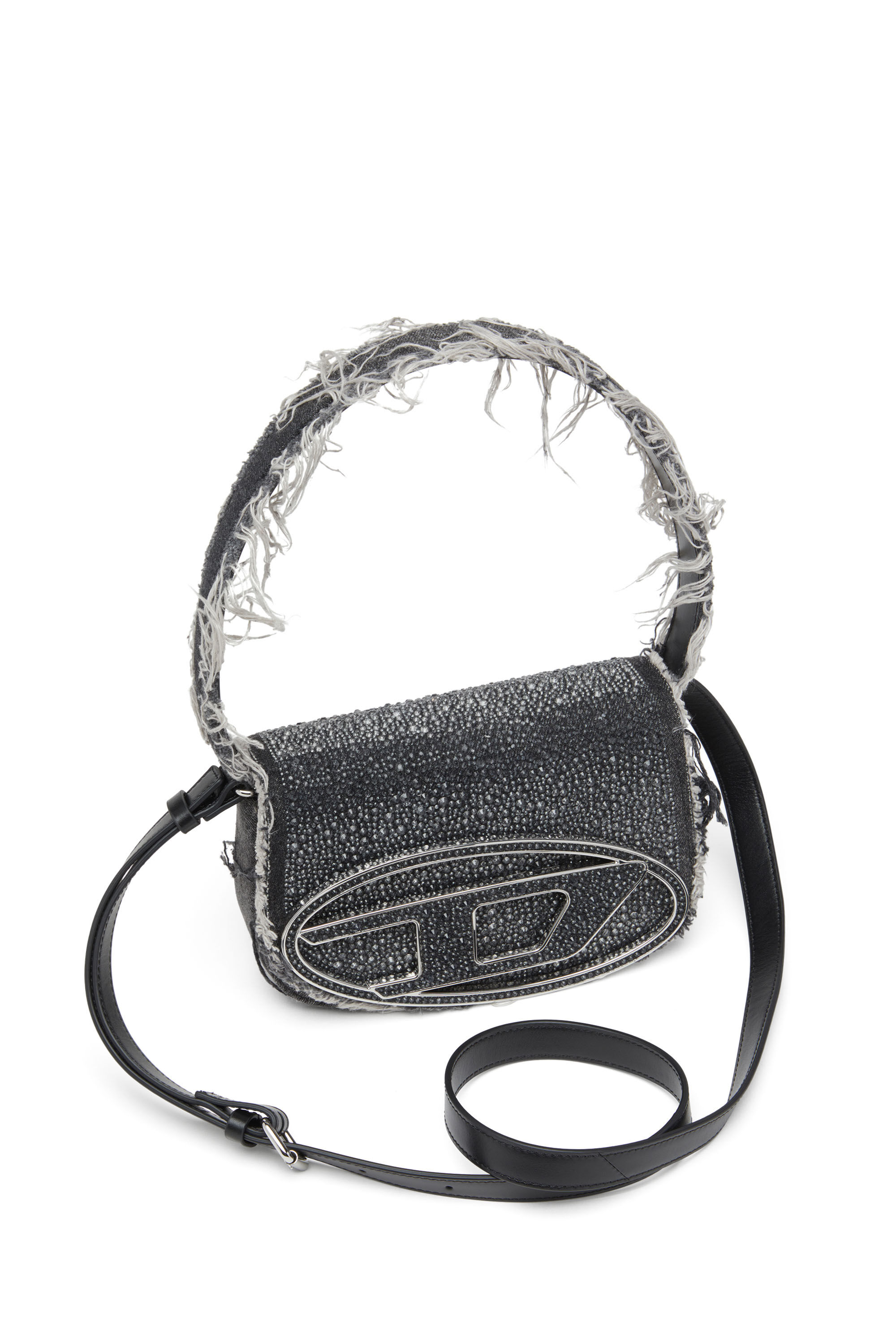 1DR 1DR-Iconic shoulder bag in denim and crystals｜ブラック
