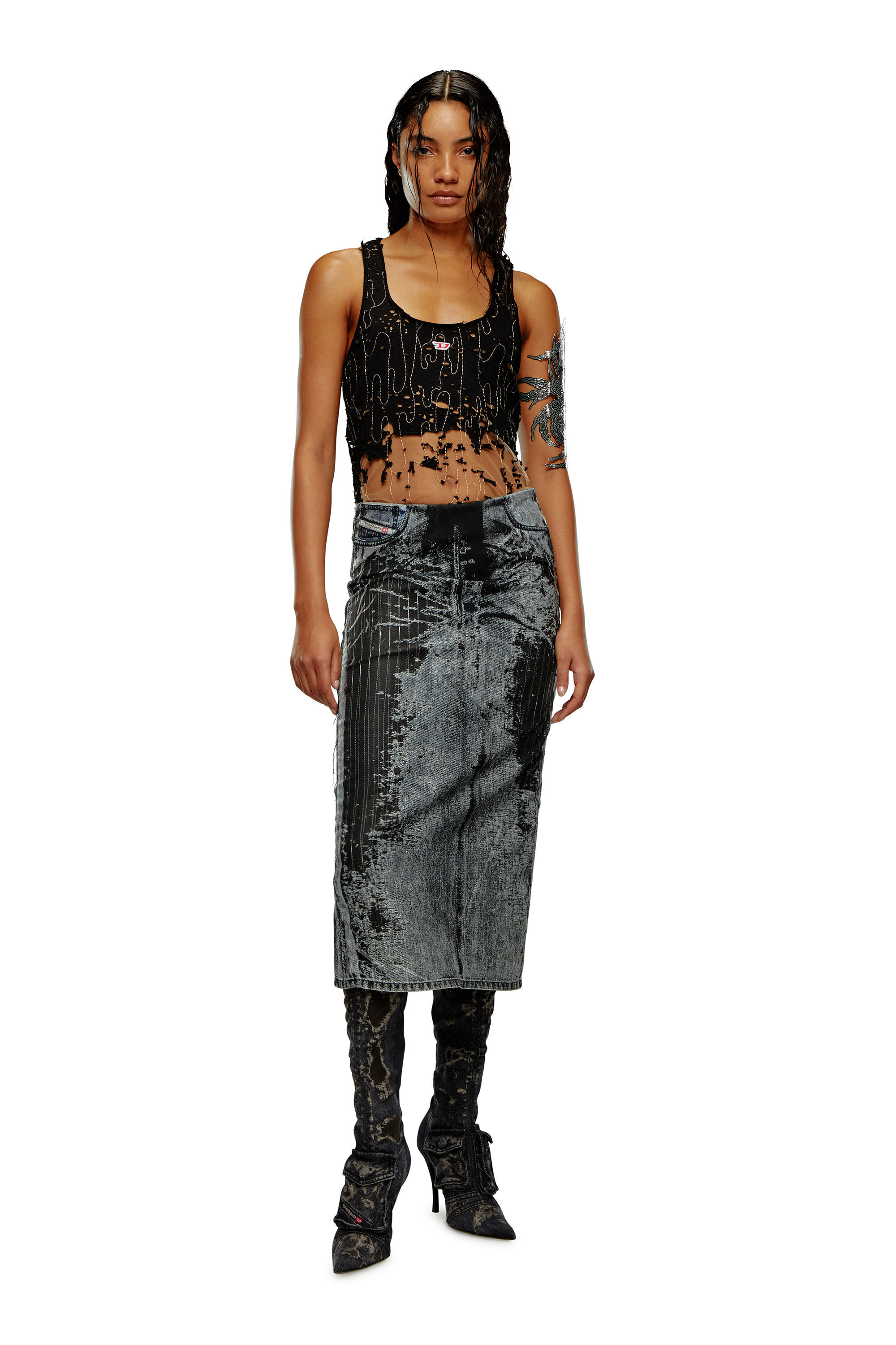T-BILS-DEV Tulle tank top with destroyed jersey｜ブラック｜ウィメンズ｜DIESEL