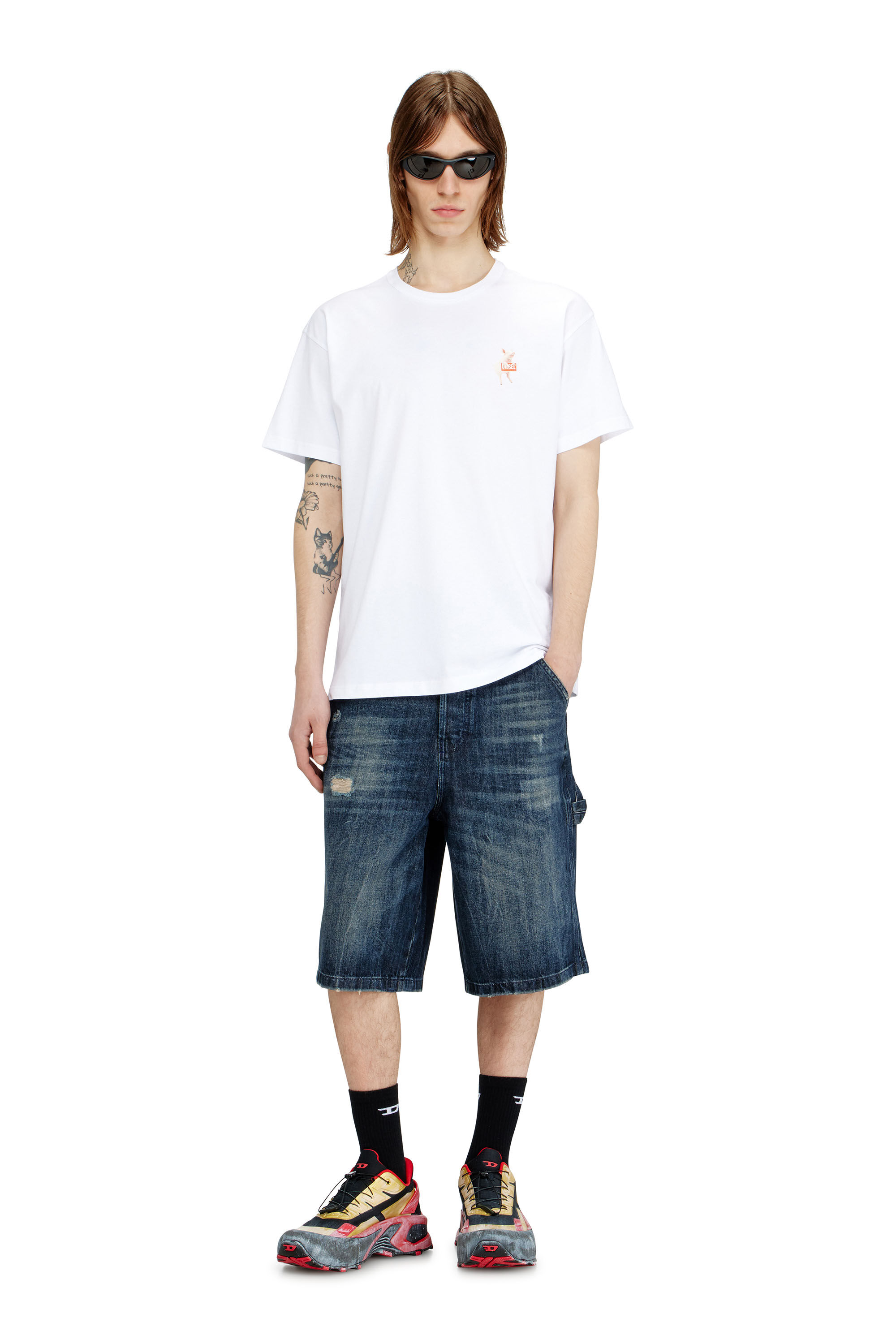 Diesel - T-NORM-V4, Male's T-shirt with pig and logo print in ホワイト - 1