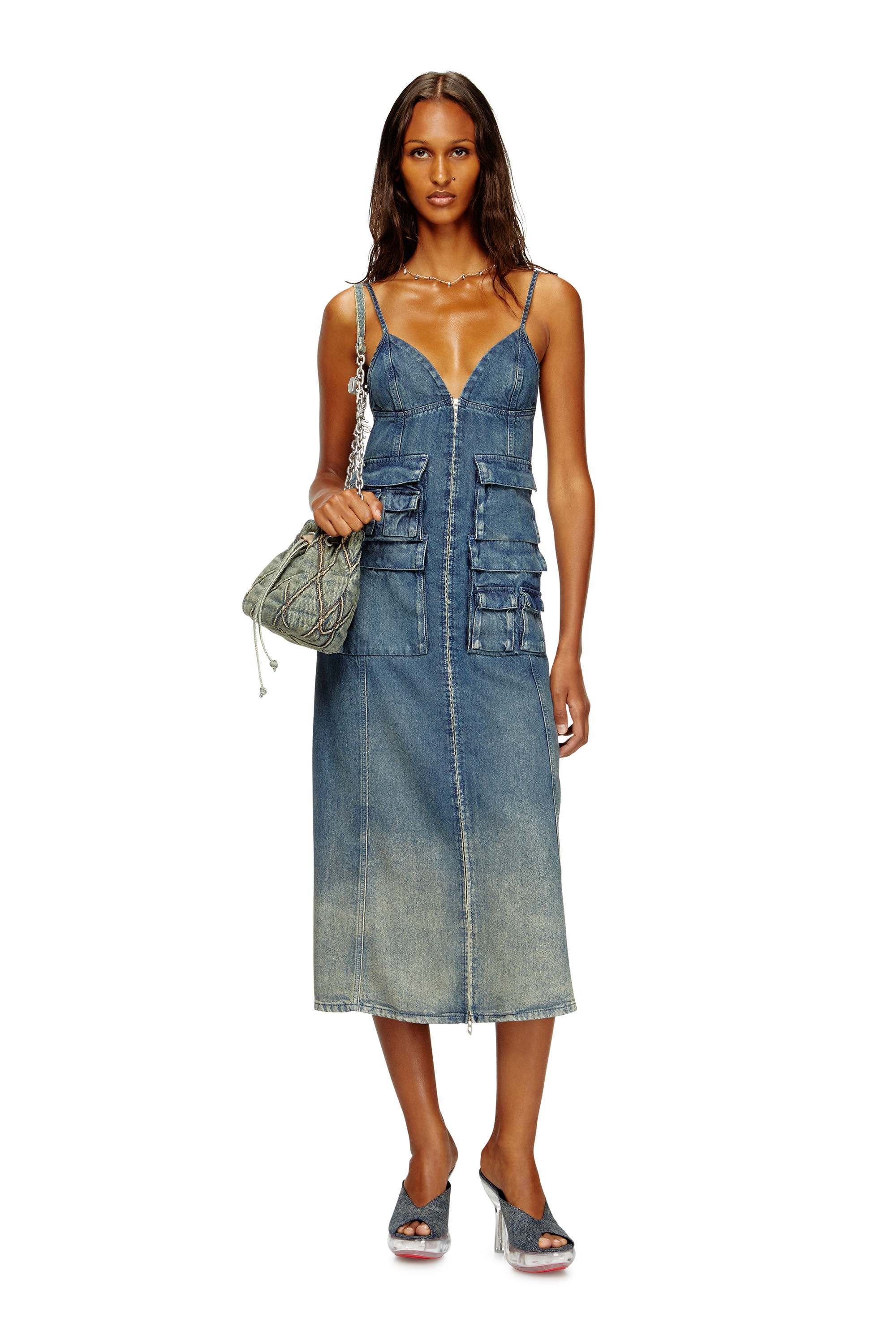 Diesel - DE-MELVI-S, Female's Dress in fluid laser-worn denim in ミディアムブルー - 1