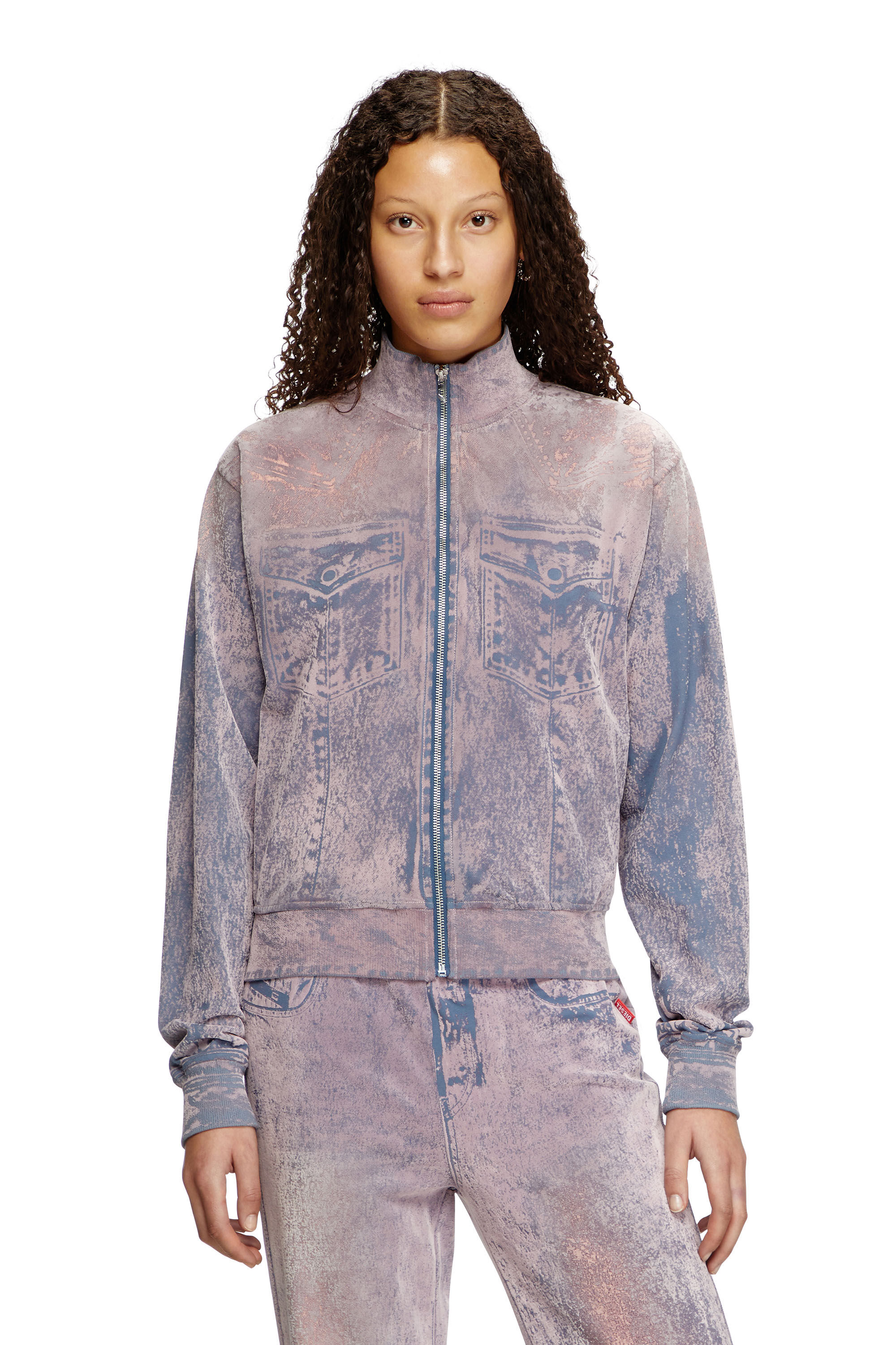 Diesel - F-SLITLY, Female's Trompe l'oeil flocked zip-up sweatshirt in ブルー/バイオレット - 3