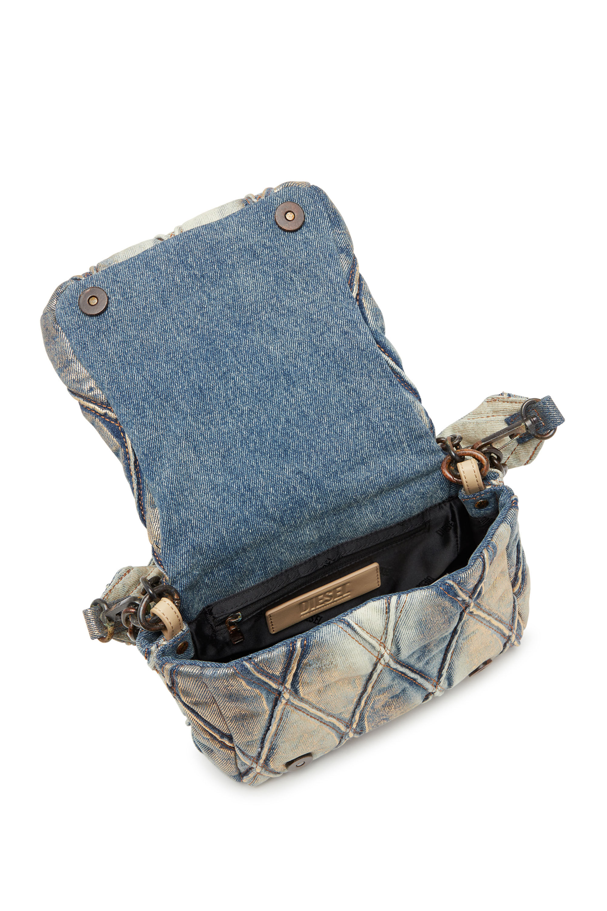 Diesel - CHARM-D SHOULDER S, Female's Charm-D S-Small shoulder bag in metallic quilted denim in ブルー/ゴールド - 4