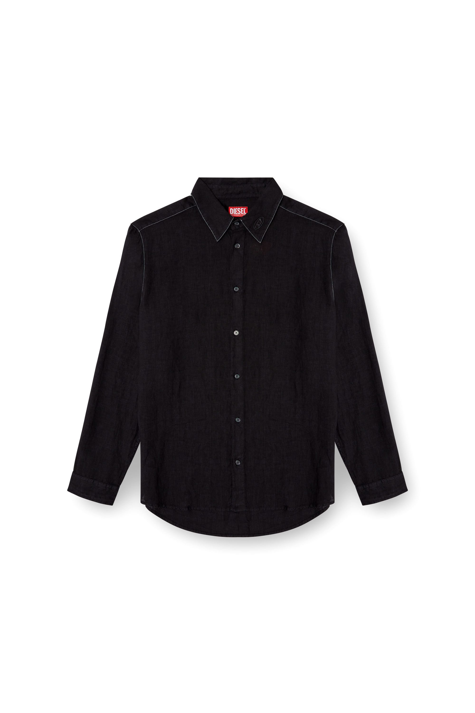 Diesel - S-WERP, Male's Linen shirt with logo collar in ブラック - 1