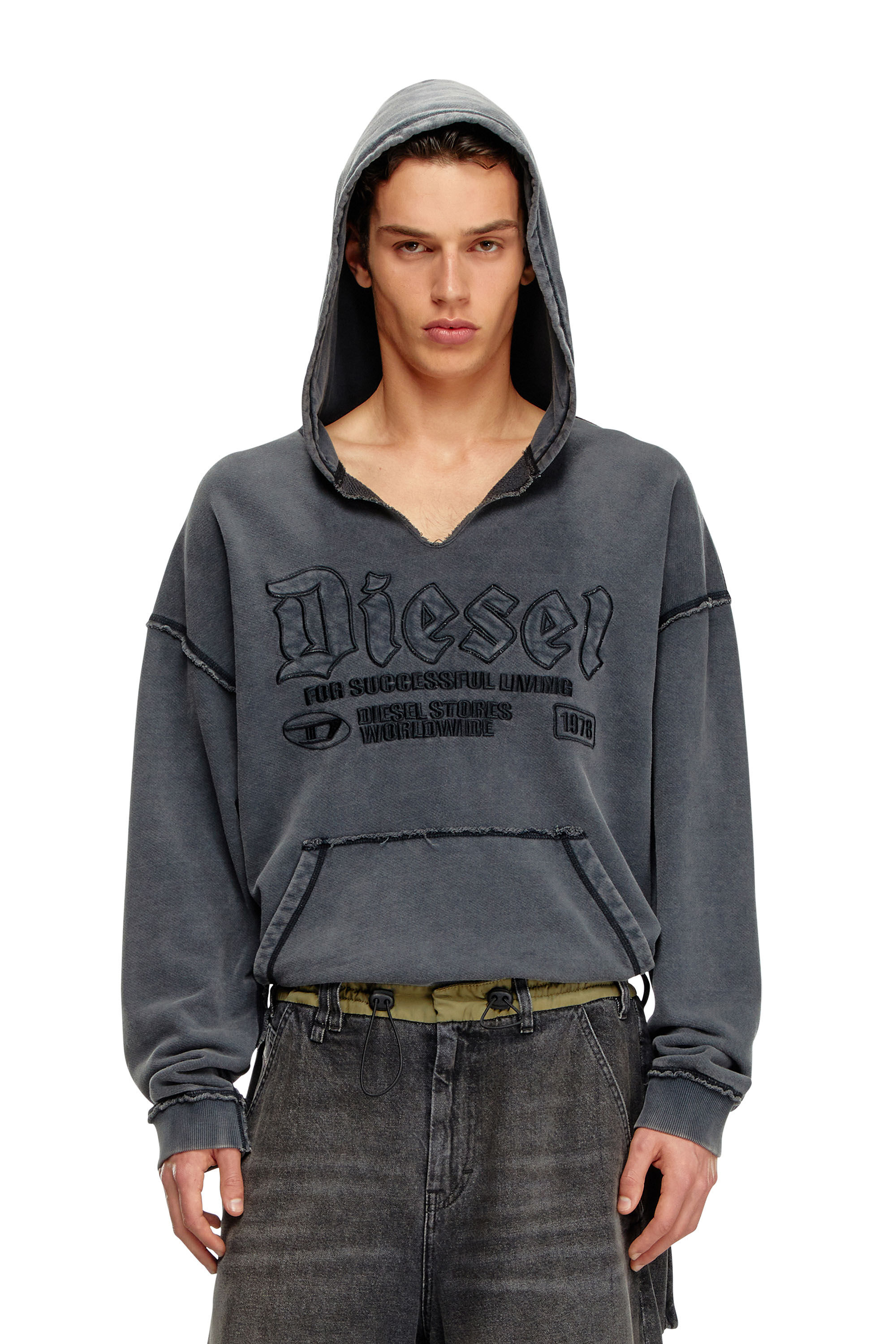 Diesel - S-BOXT-HOOD-RAW, Male's V-neck hoodie in treated jersey in ブラック - 3