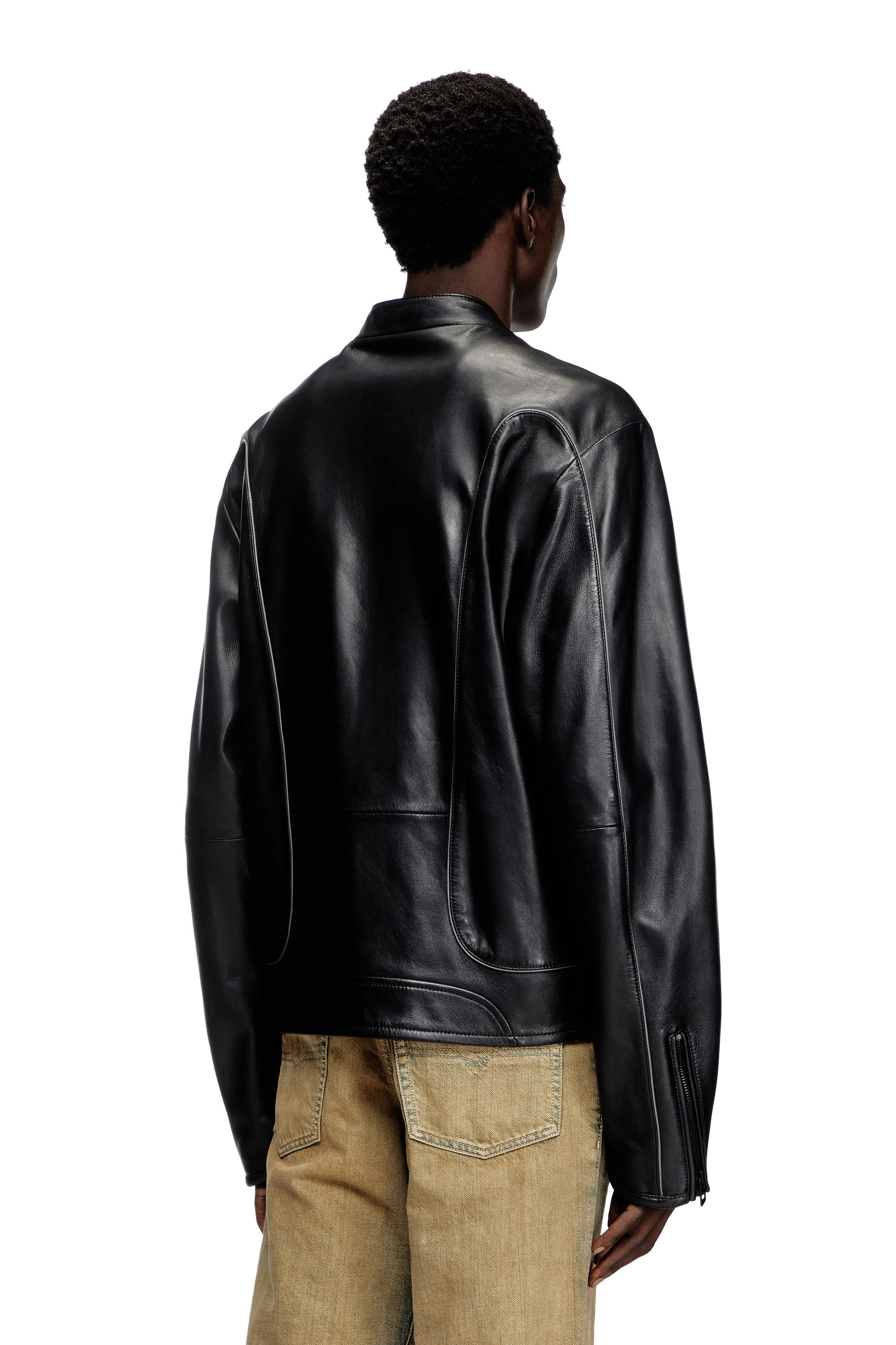 L-KRIXY Leather biker jacket with piping detail｜ブラック