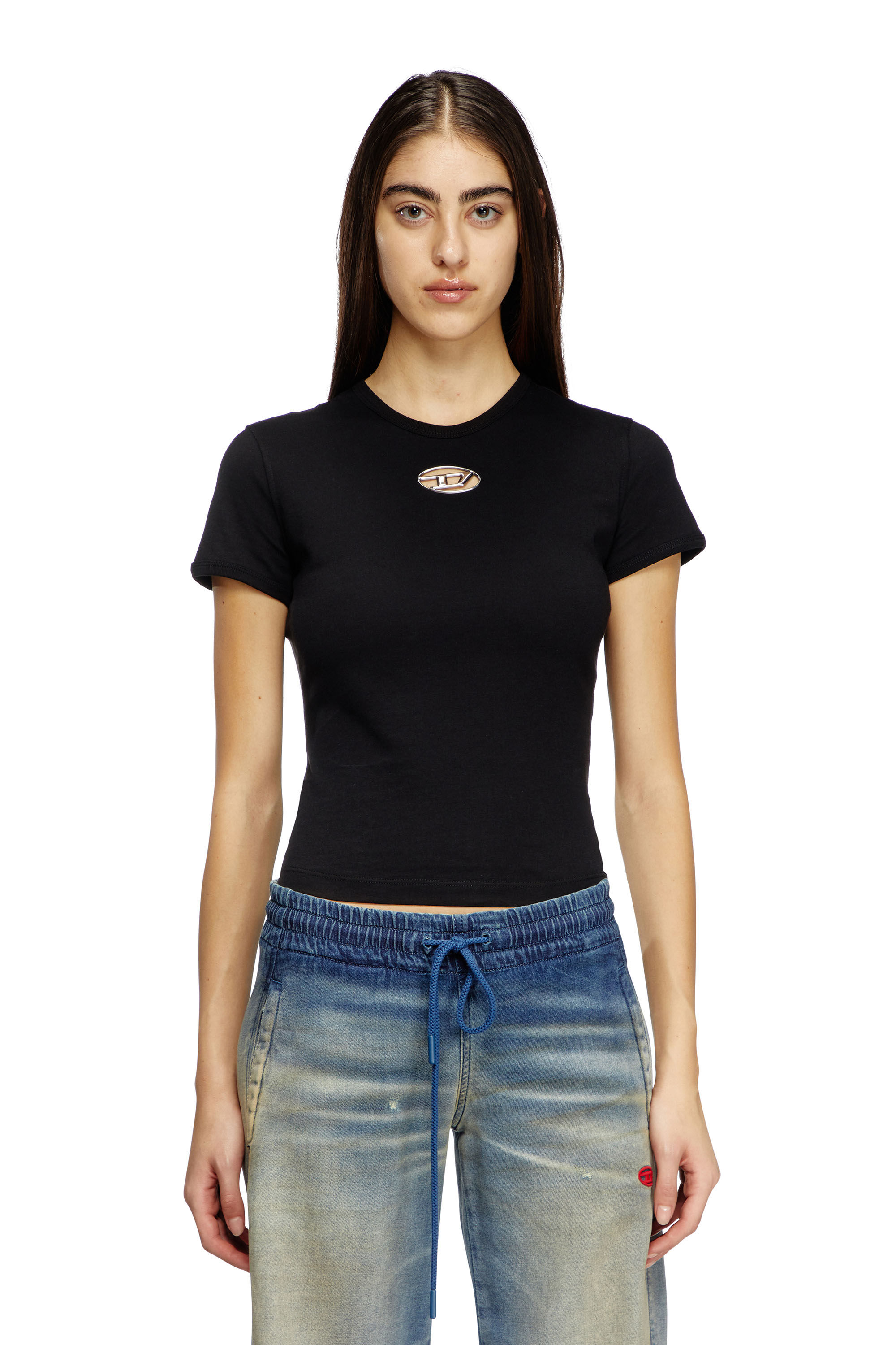 Diesel - T-UNCUTIE-LONG-OD-Q1, Female's Slim fit T-shirt with cut-out Oval D in ブラック - 3