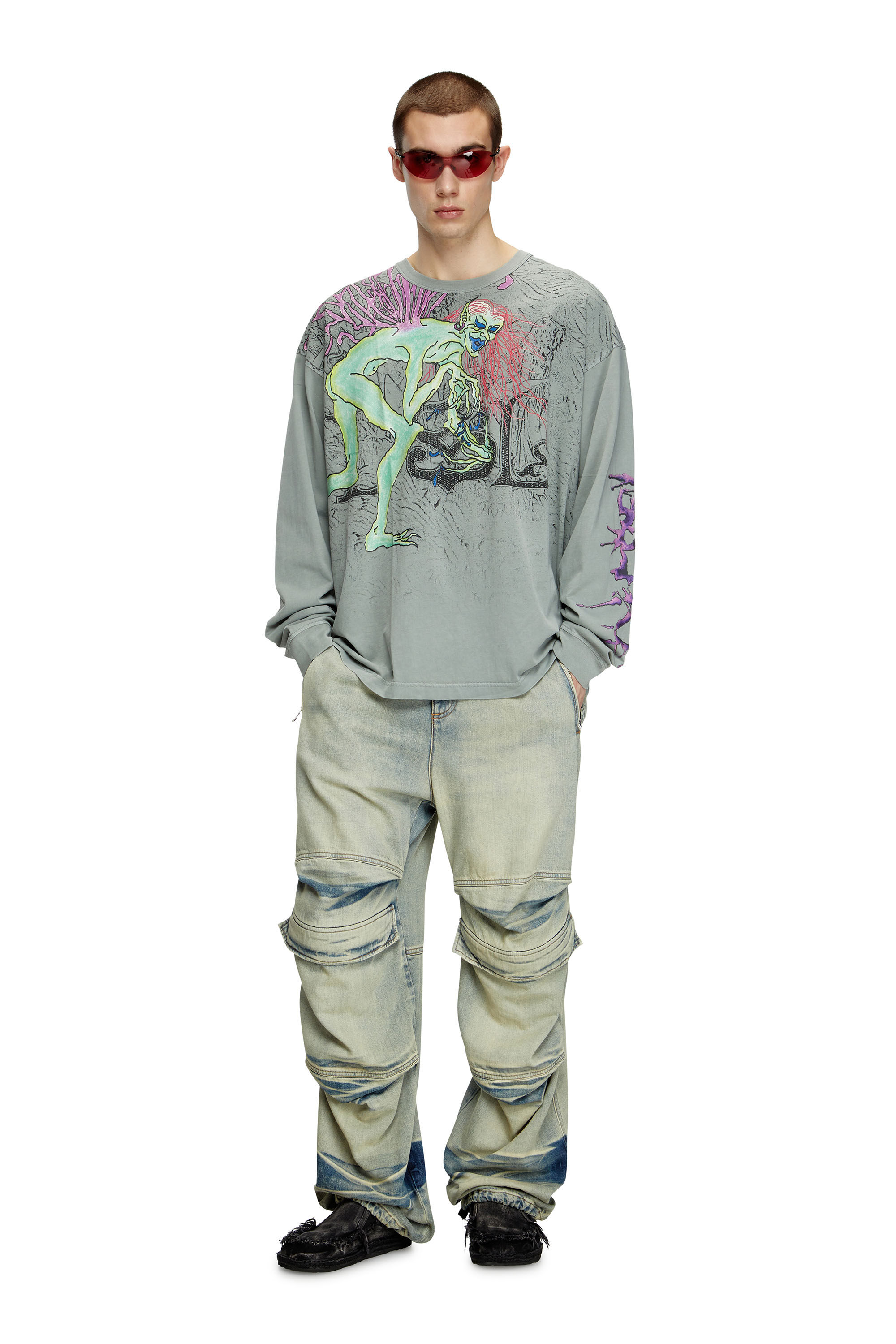 Diesel - T-BOXT-LS-R12, Male's Long-sleeve T-shirt with tattoo graphics in グレー - 1