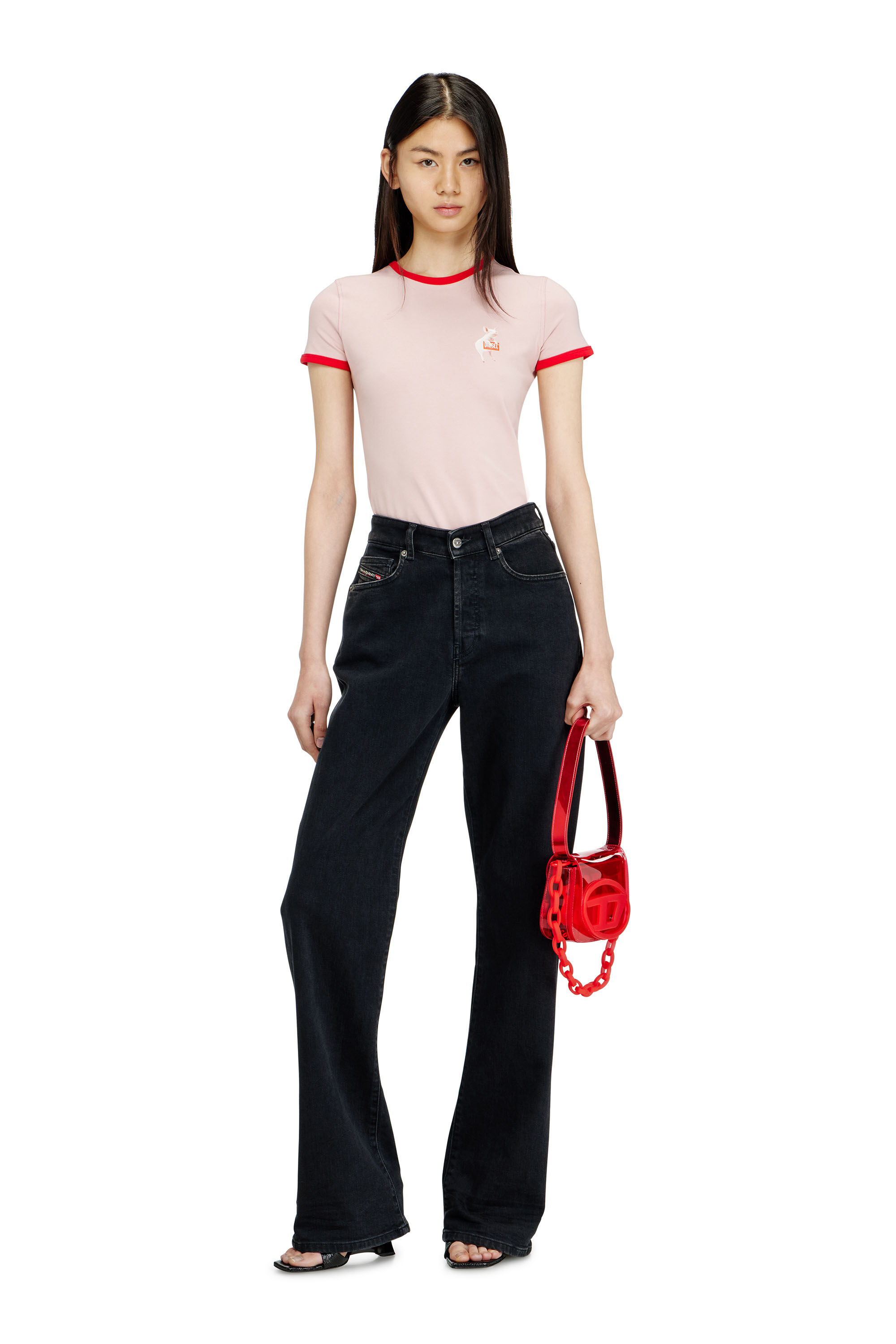 Diesel - T-UNCUTIES-LONG-S12, Female's Slim T-shirt with pig print in ピンク / ホワイト - 1