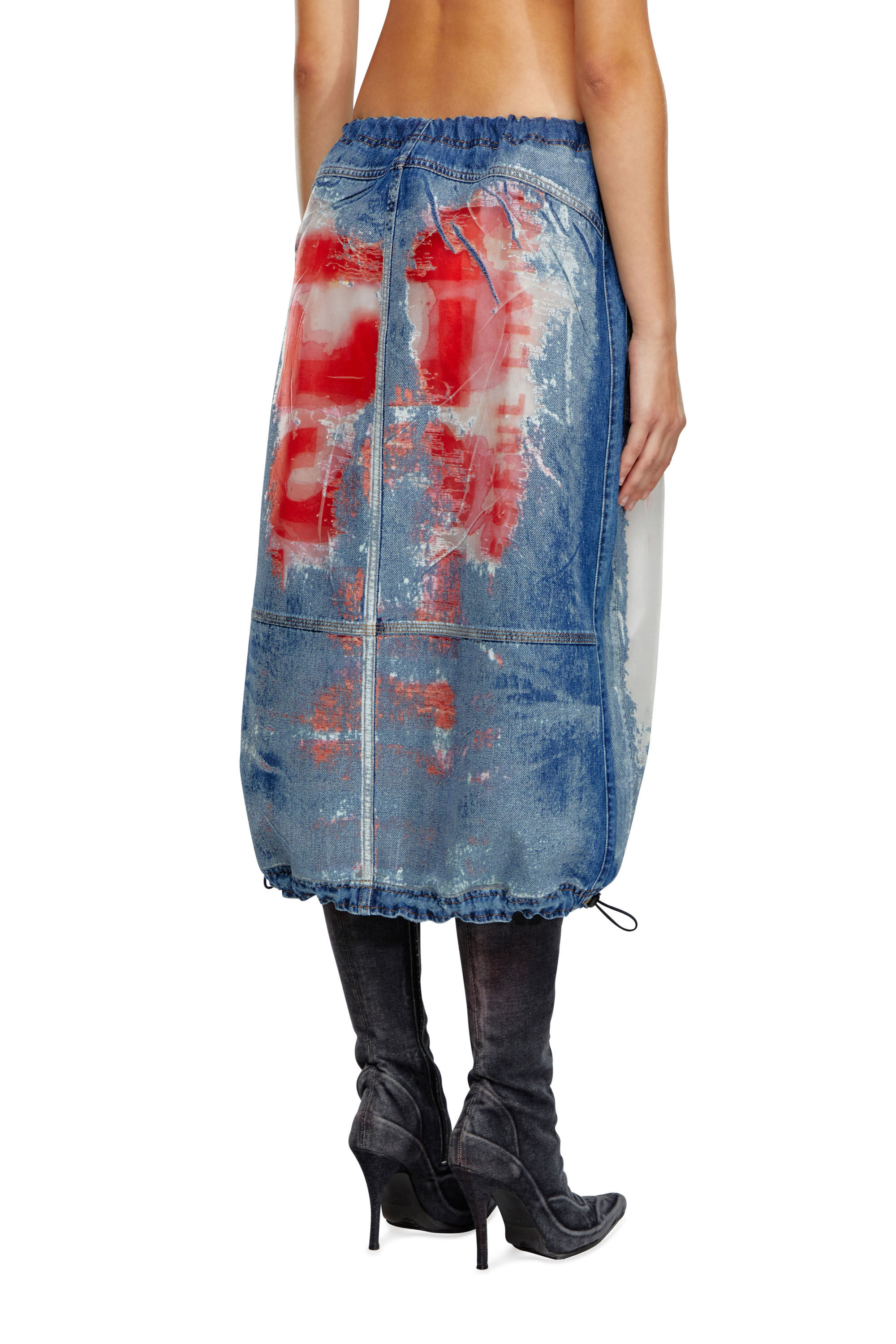 DE-MIRTOW-FSE Midi skirt in devoré denim with logo｜ブルー  