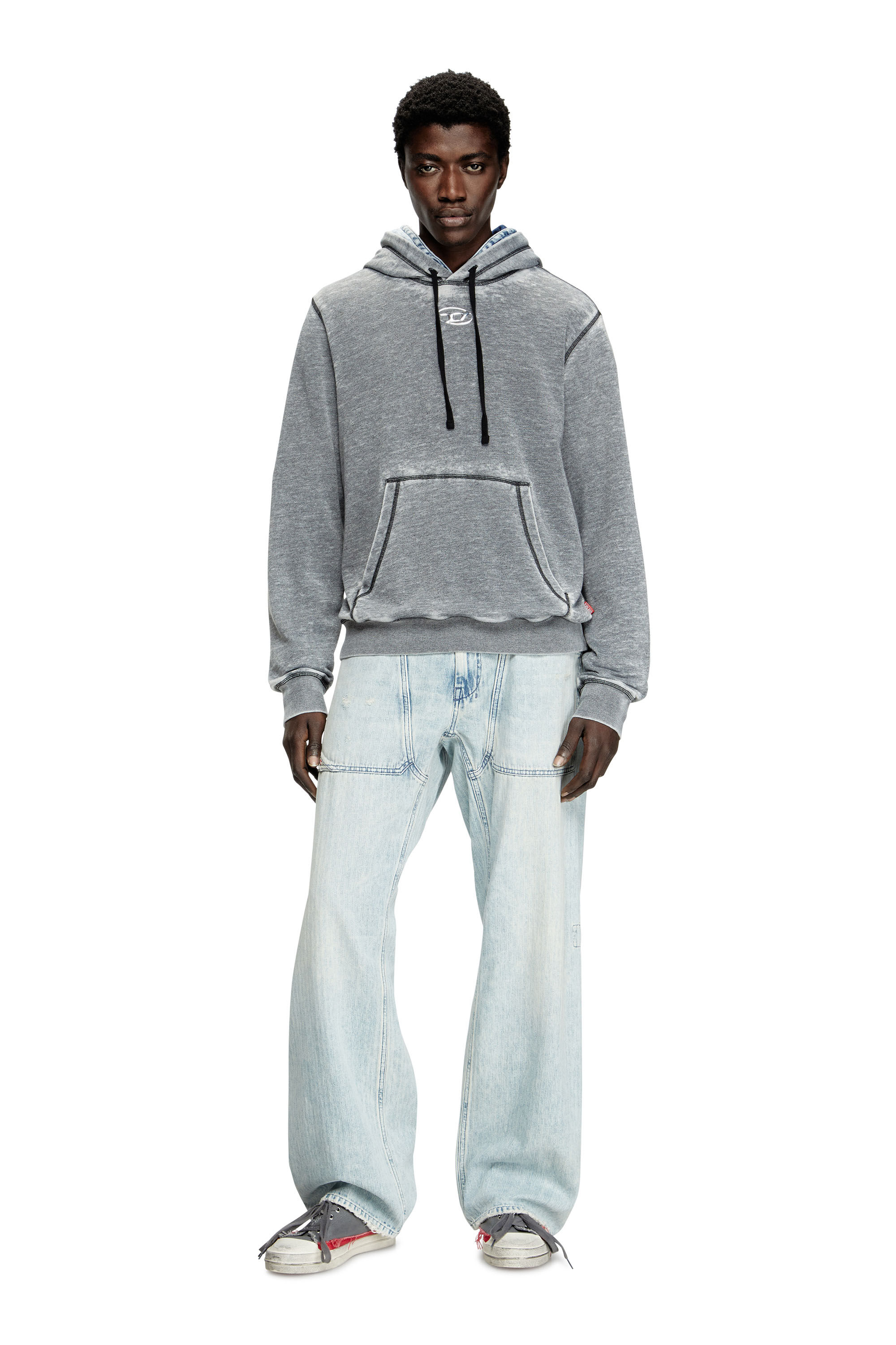 Diesel - S-GINN-HOOD-PAK, Male's Burnout hoodie with metal-look logo in グレー - 1
