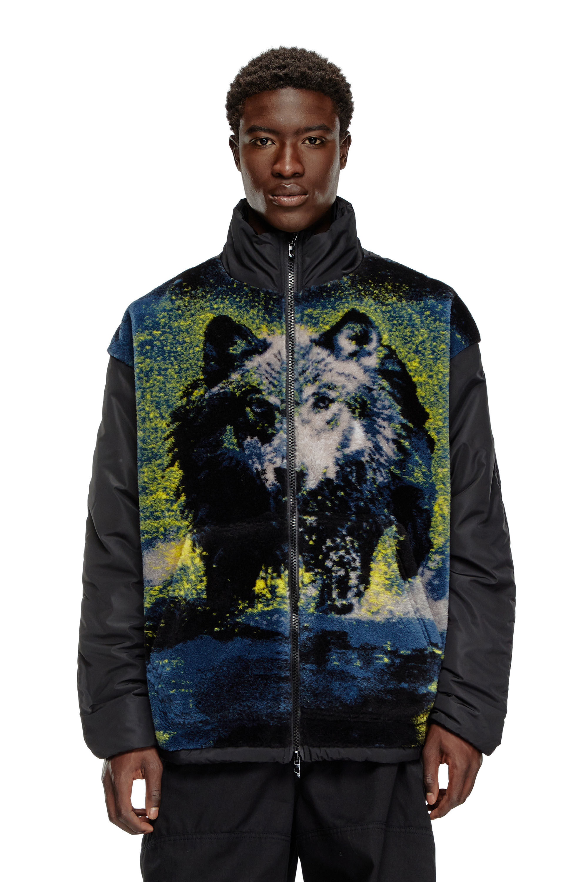 S-BERTO-TEDDY Padded jacket in nylon and teddy fleece｜ブラック｜メンズ｜DIESEL