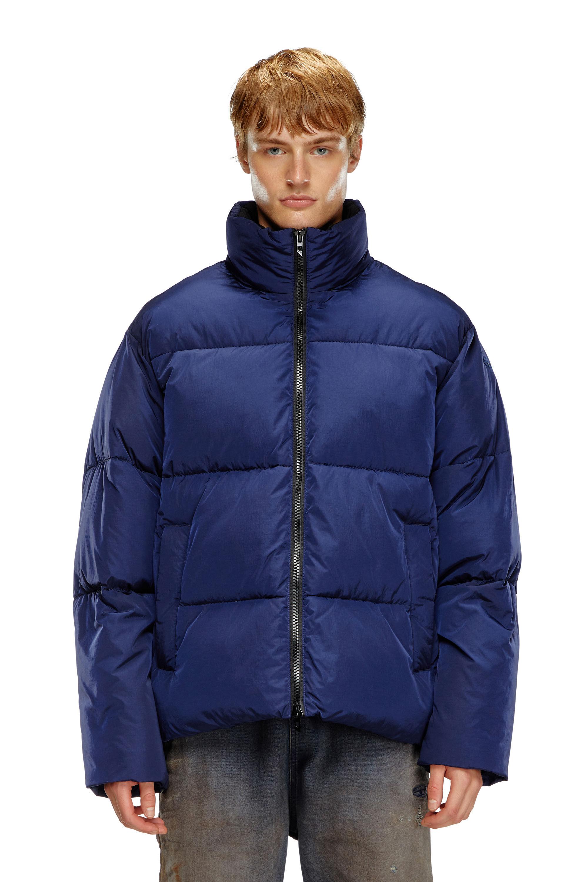 W-RAVEEL Hooded down jacket in wrinkled nylon｜ブルー