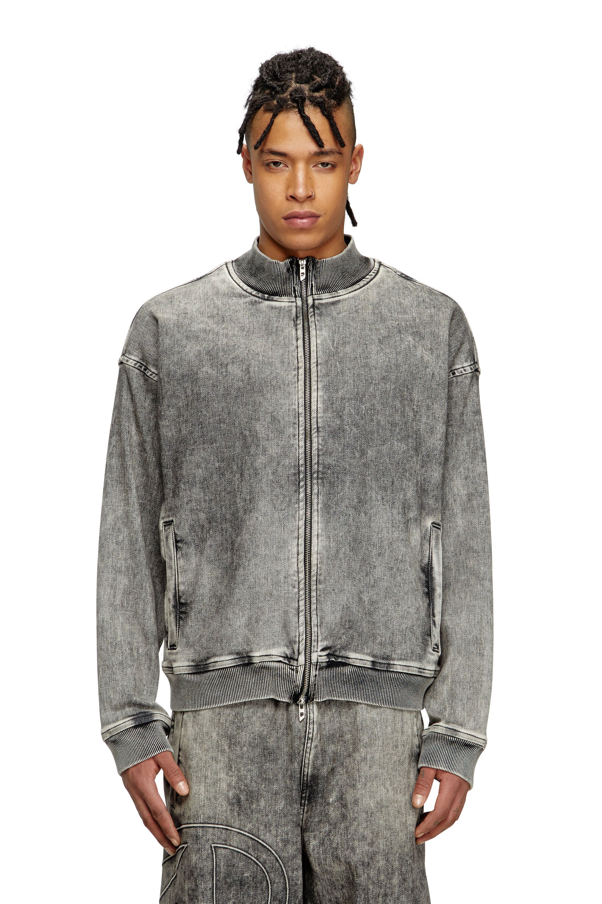 Diesel - D-CARLY-S TRACK, Unisex's Track Denim zip-up sweater with Oval D in ダークグレー - 3
