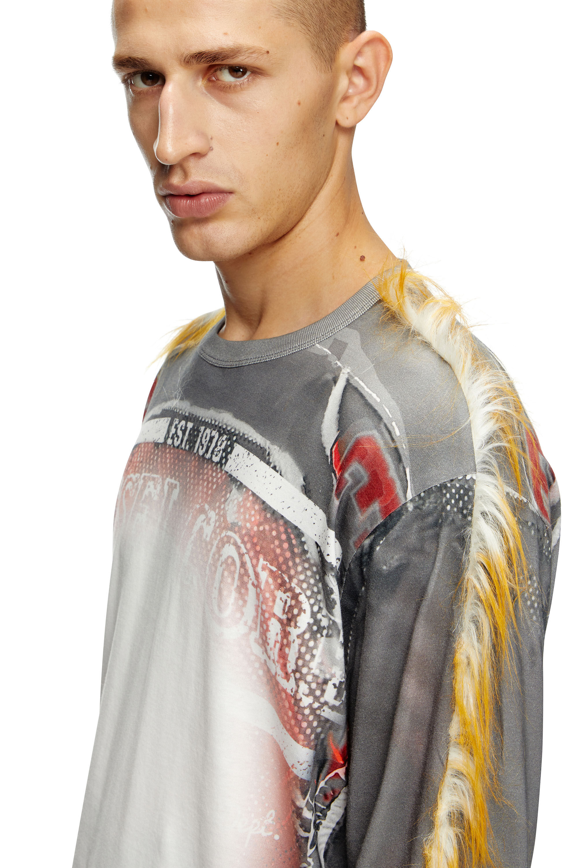 Diesel - T-CRANE-LS-FUR, Male's Long-sleeve T-shirt with  fuzzy trims in グレー - 4