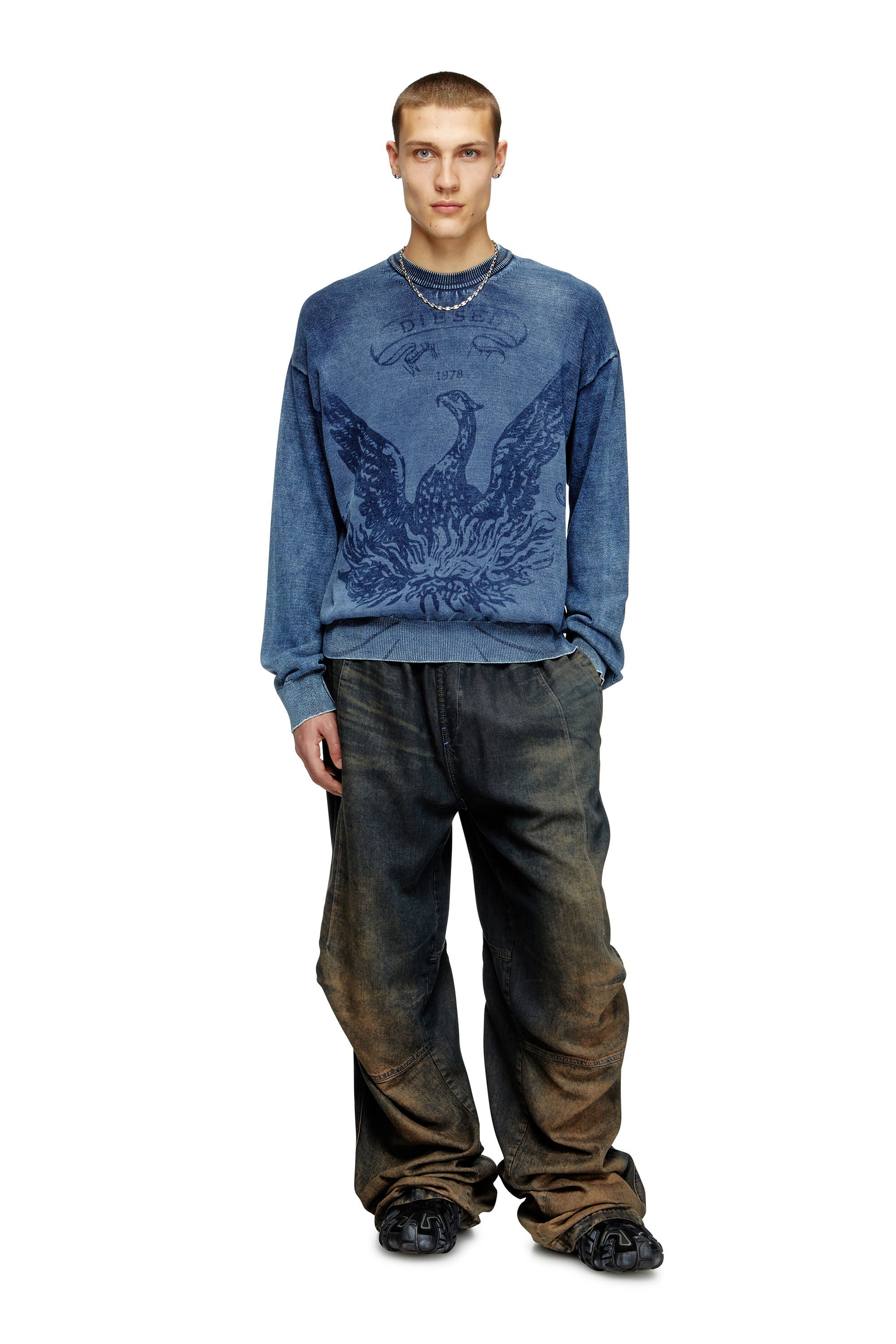 Diesel - K-FENICOL, Male's Indigo jumper with Phoenix logo in ブルー - 1